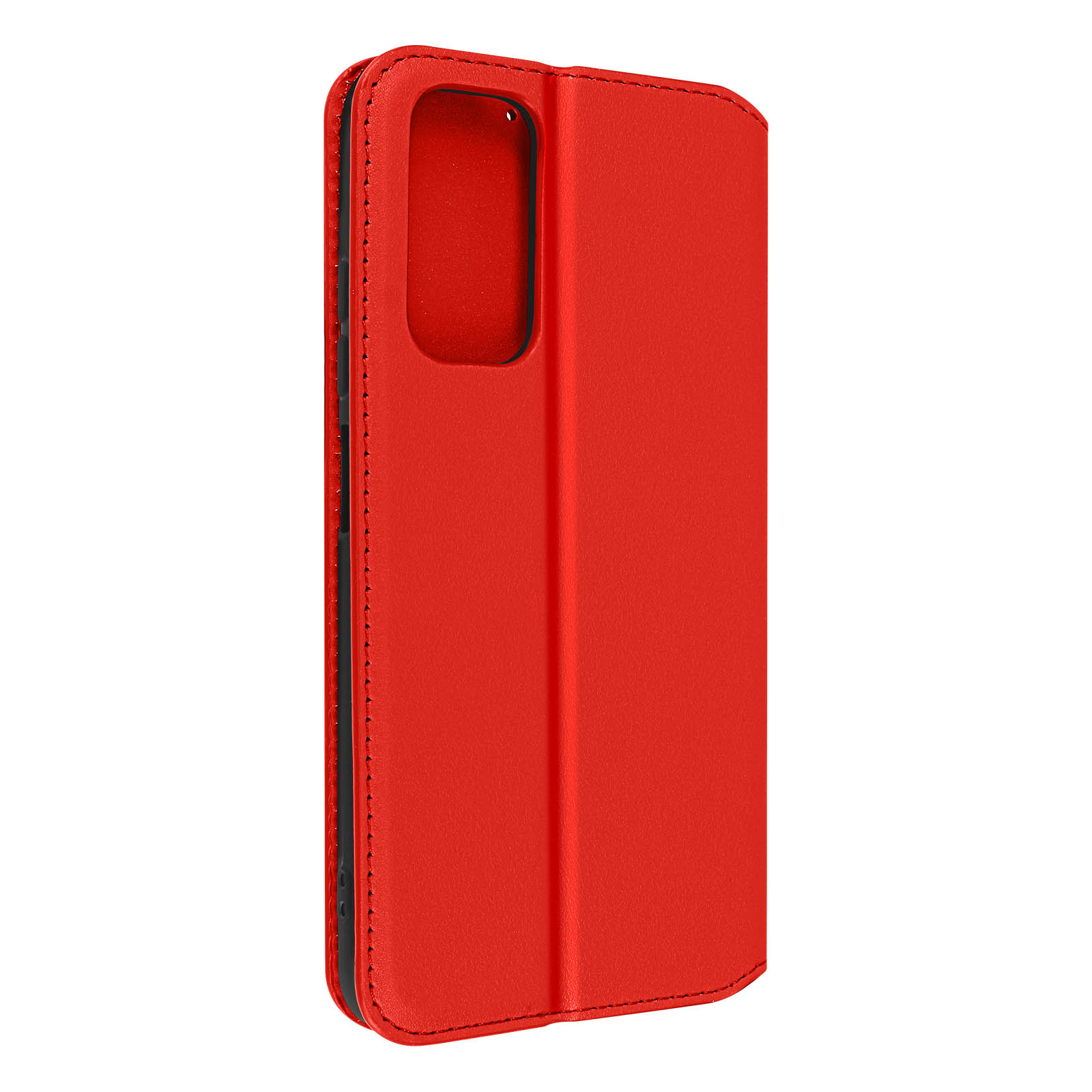 Étui de téléphone rouge, fermé. Vue latérale du téléphone. Détail des coutures. L'étui est rouge.