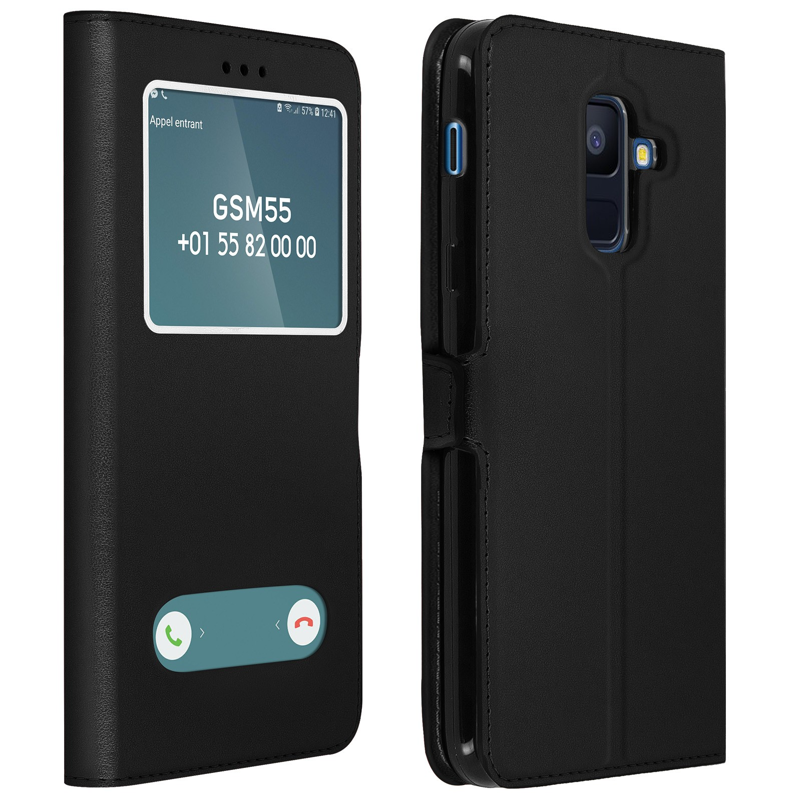 Custodia nera con schermo di chiamata in arrivo. Il telefono è aperto.