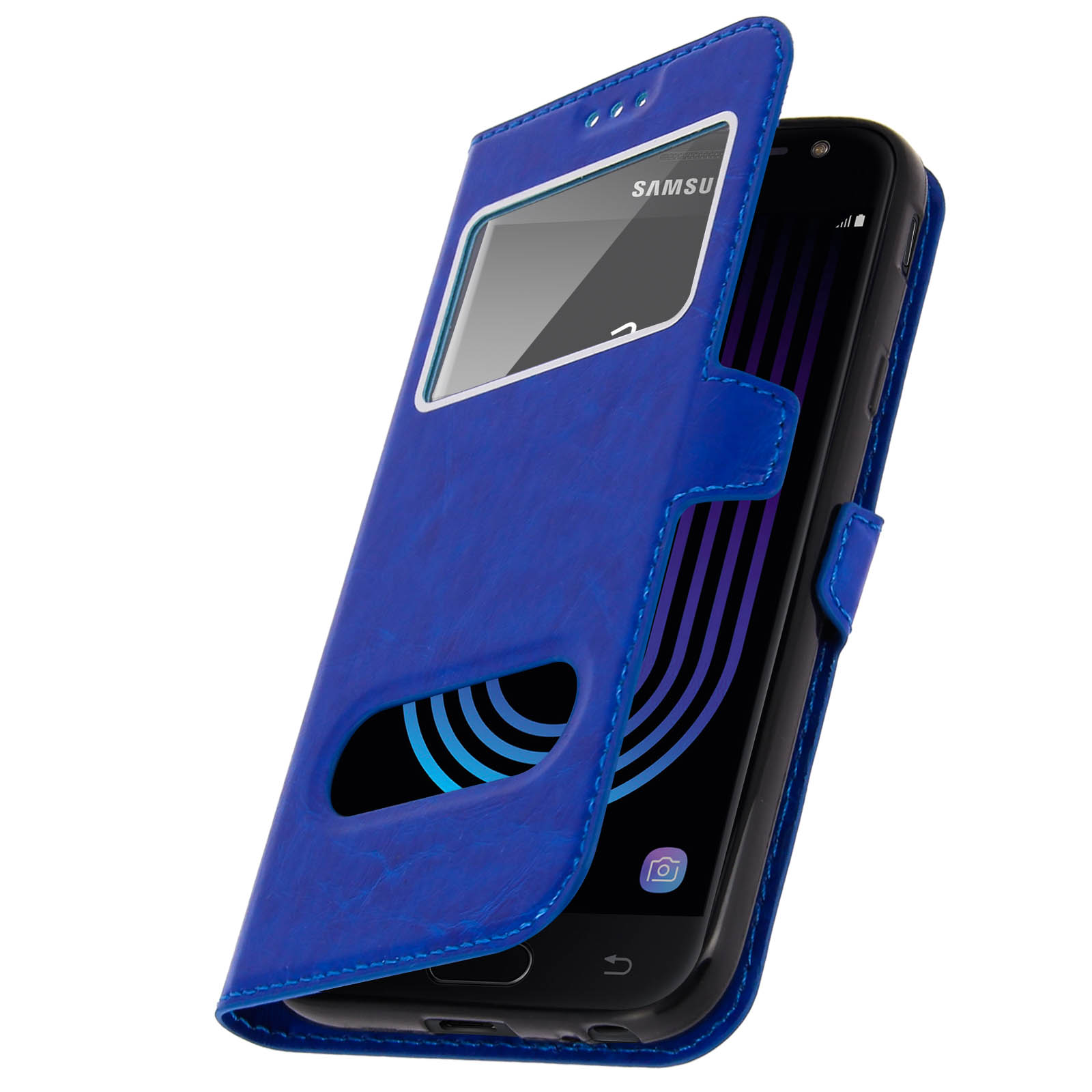 Una custodia blu aperta, mostra lo schermo del telefono. Ha una finestra.