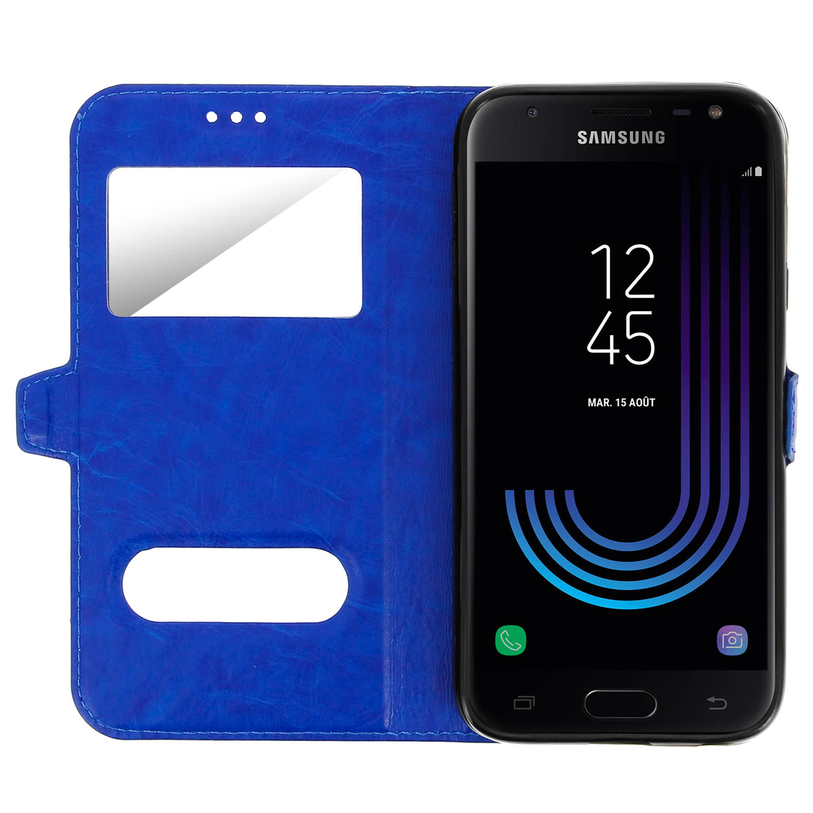 Custodia blu con telefono all'interno. Il telefono mostra l'ora e la custodia ha una finestra.