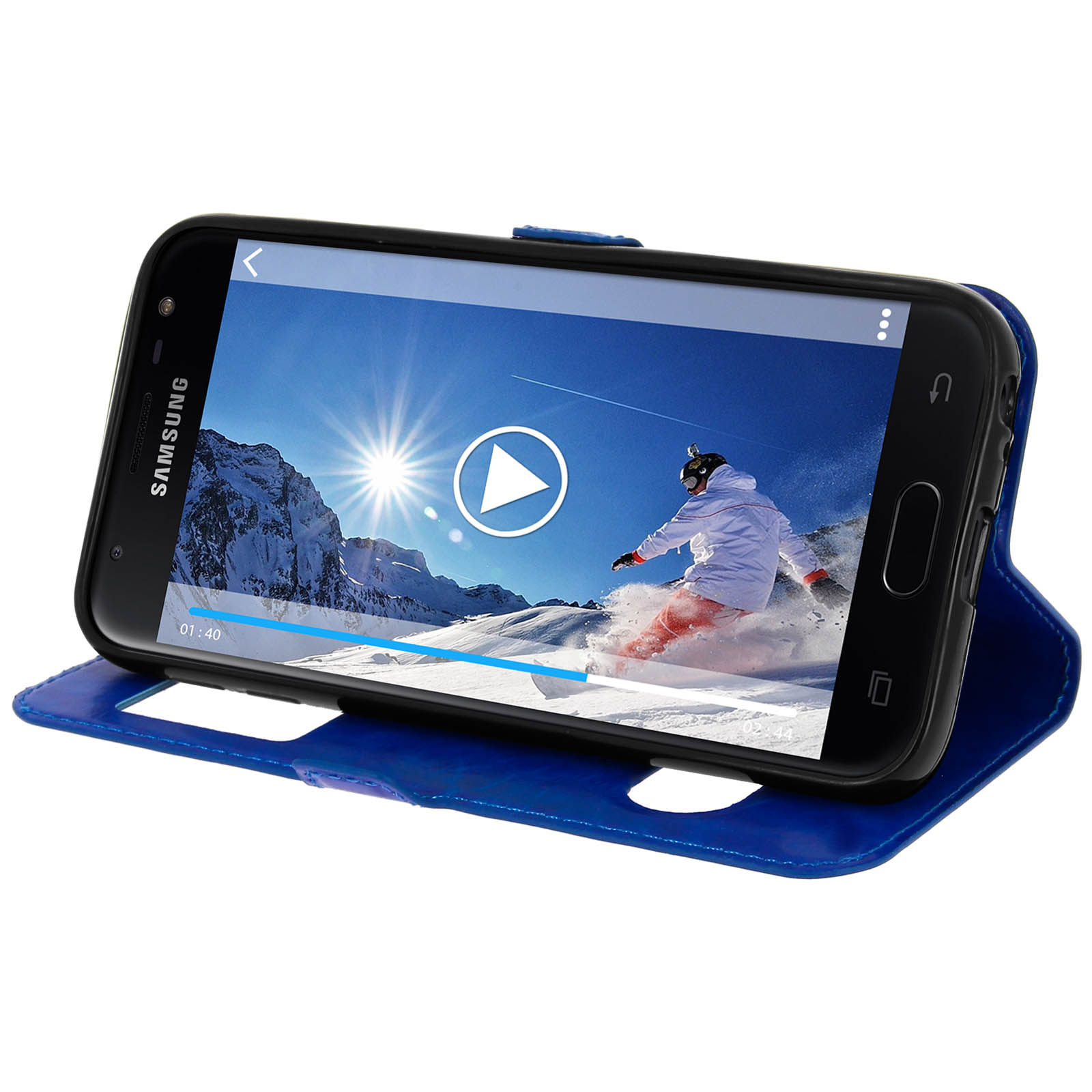 Telefono in custodia blu, con video di sciatore su montagna innevata.