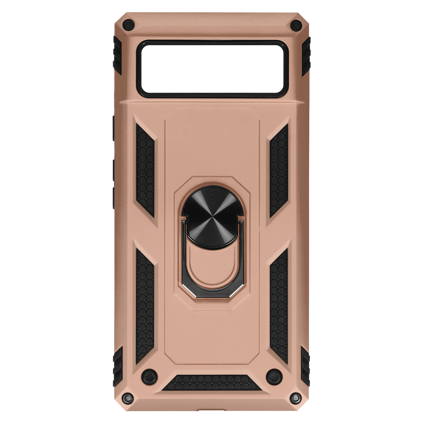 Coque de téléphone or rose. Avec support de bague et détails noirs. Design géométrique robuste.