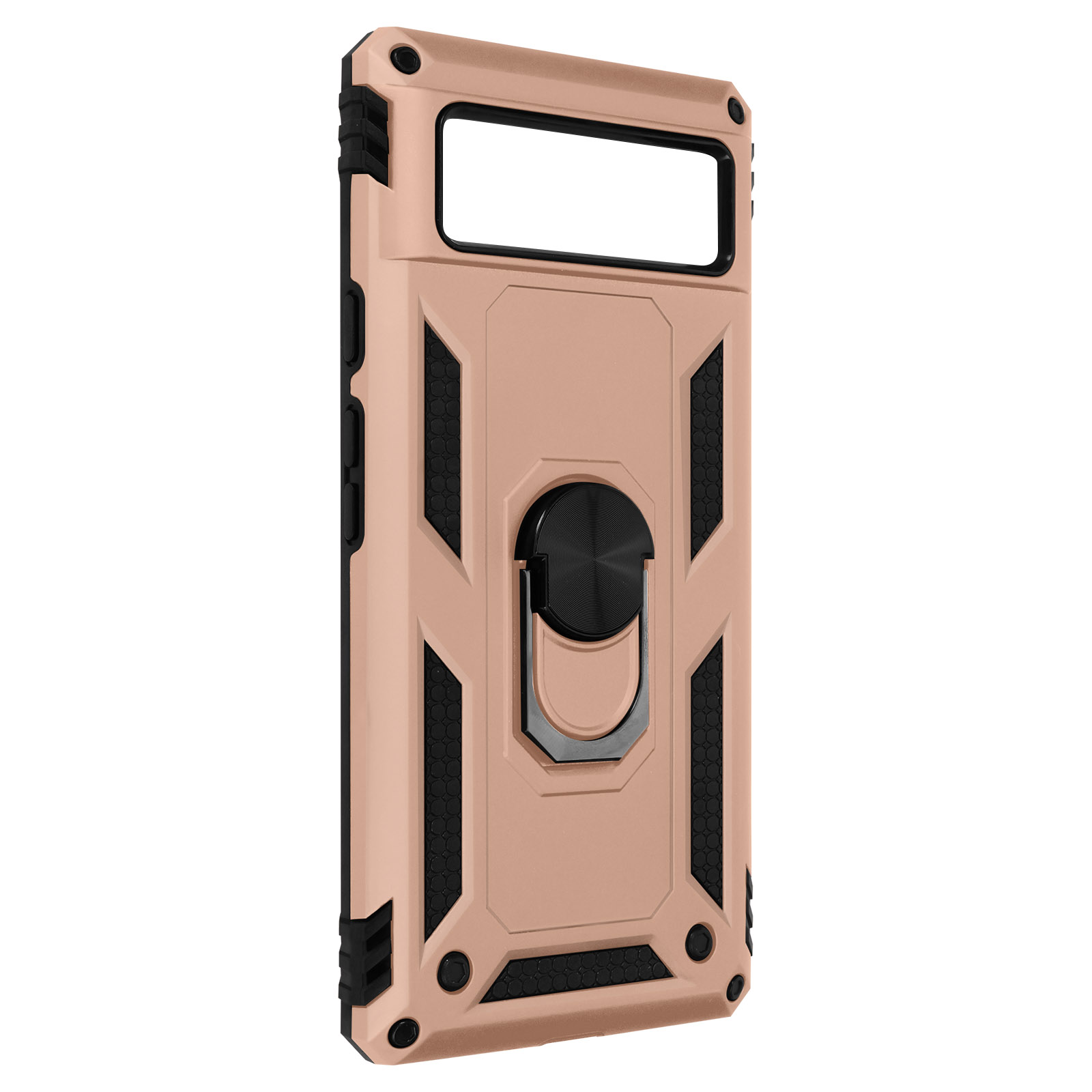 Un étui de téléphone or rose avec un support d'anneau, des détails noirs et une découpe de caméra.
