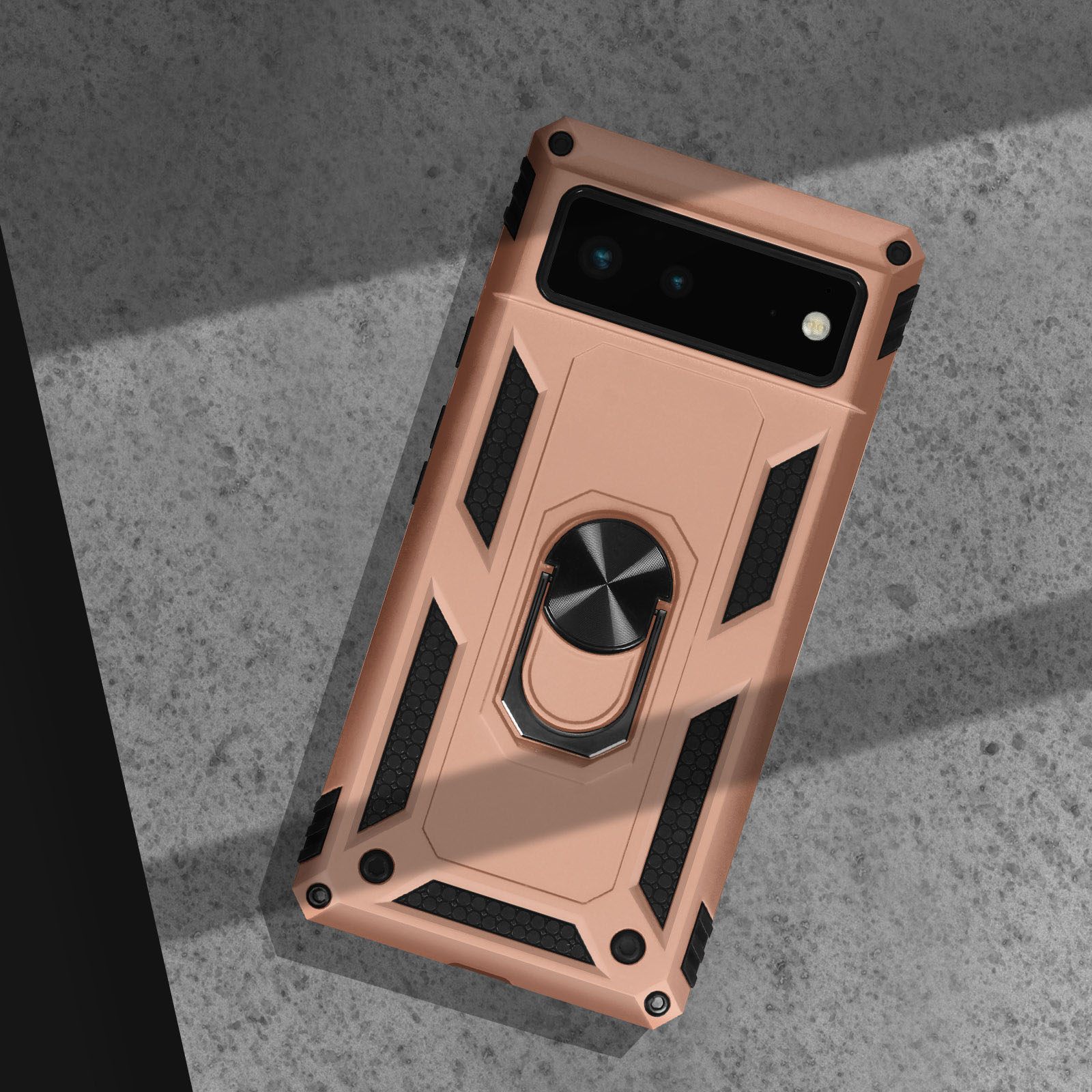 Coque de téléphone rose avec anneau de maintien sur surface texturée. Détails noirs.