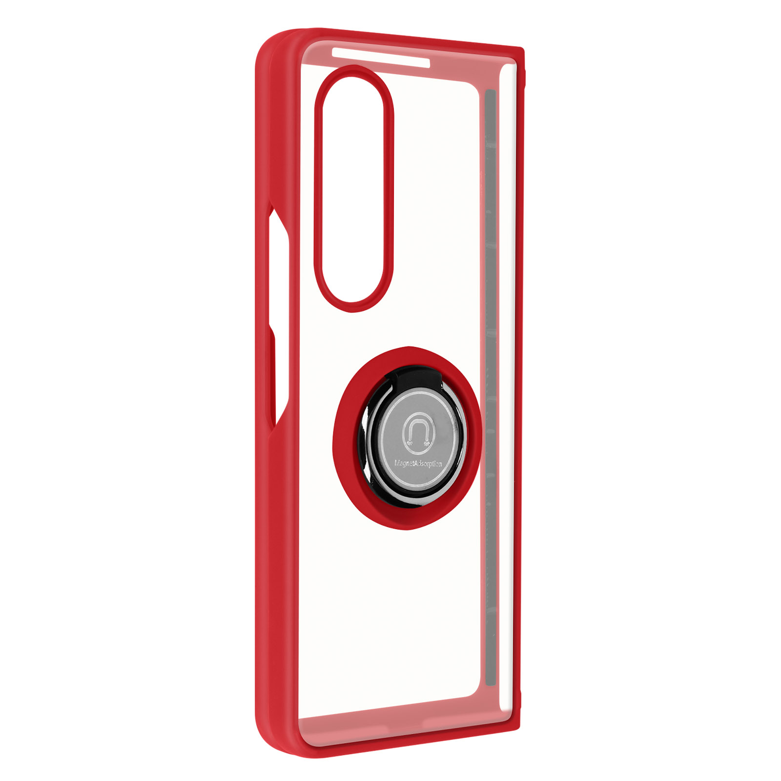 Coque de téléphone rouge avec support annulaire, dos transparent. Fond blanc.