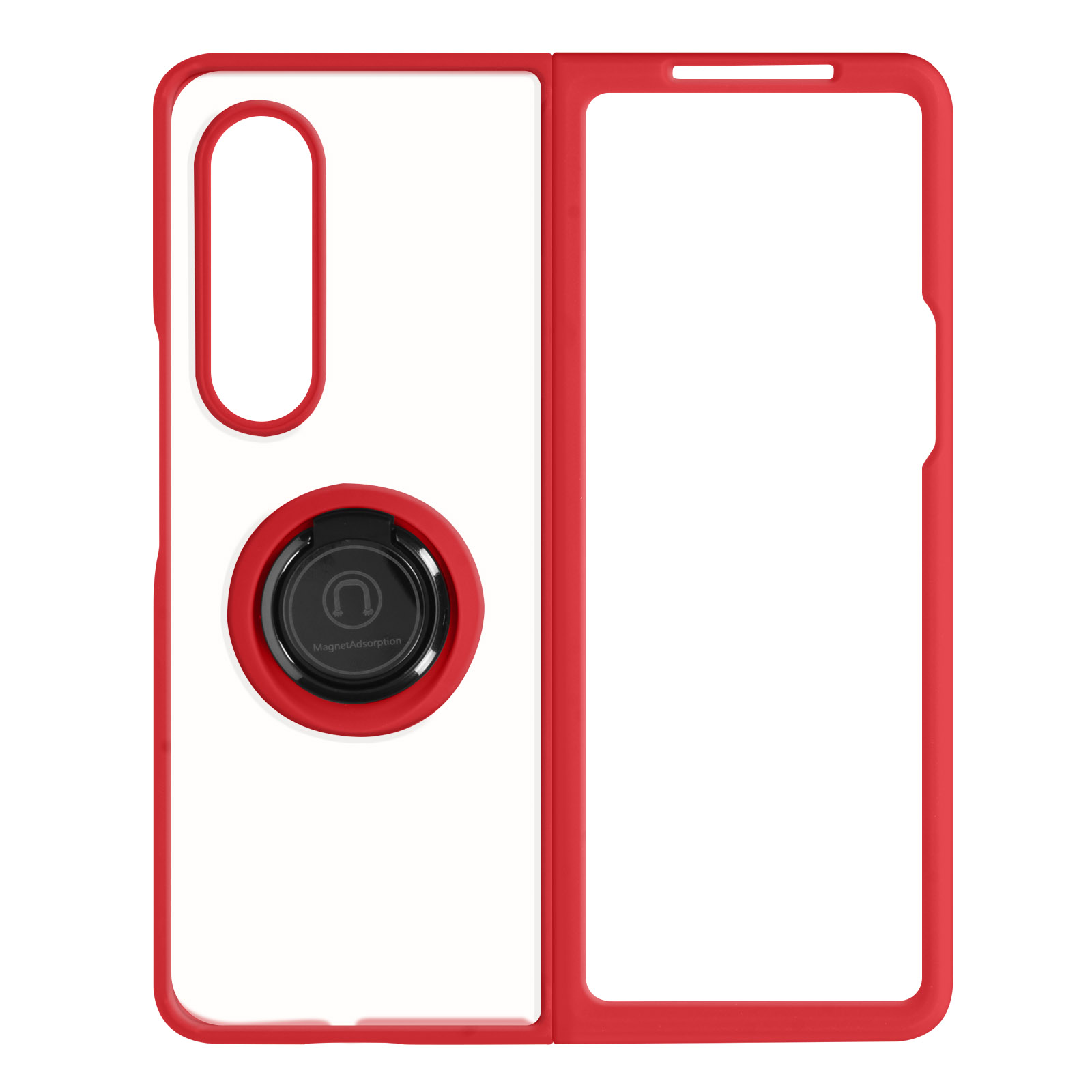 Une coque de téléphone rouge, ouverte, montrant l'écran et un support en anneau.