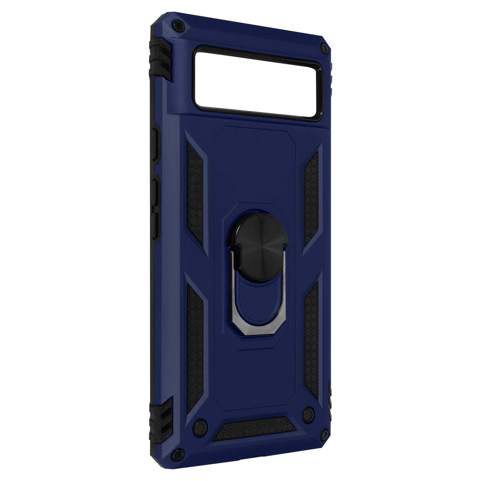 Una custodia blu per telefono con supporto ad anello. In ambiente studio.