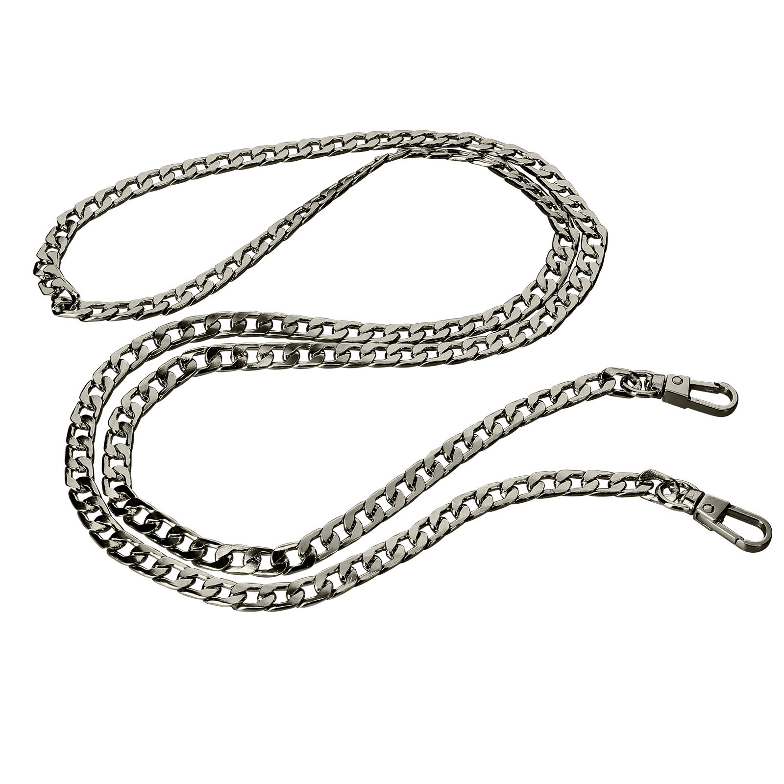 Catena argentata con due ganci, isolata su sfondo bianco.