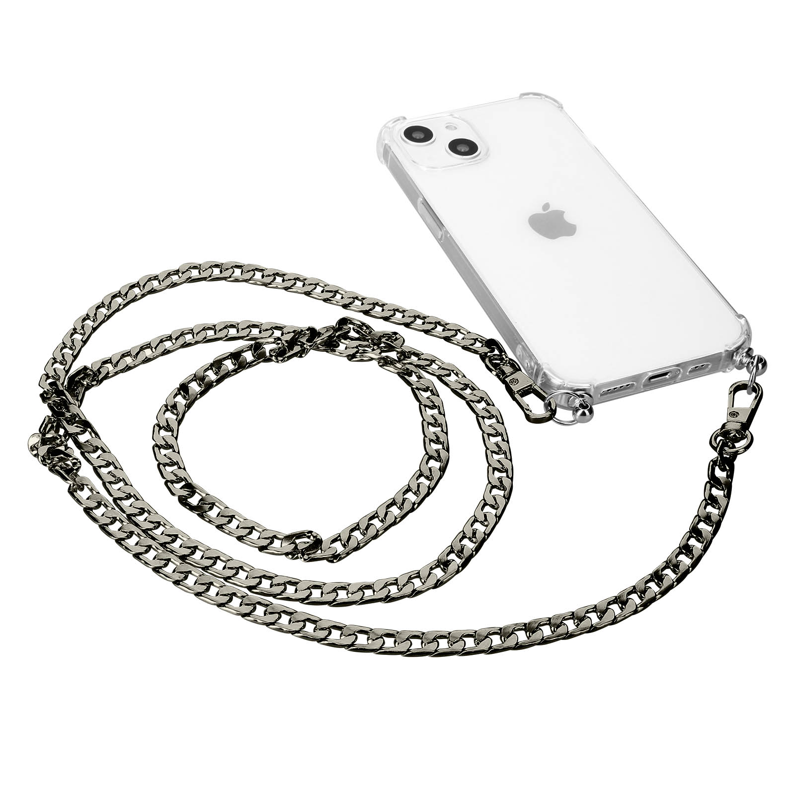 Un iPhone trasparente con una catena argentata attaccata.
