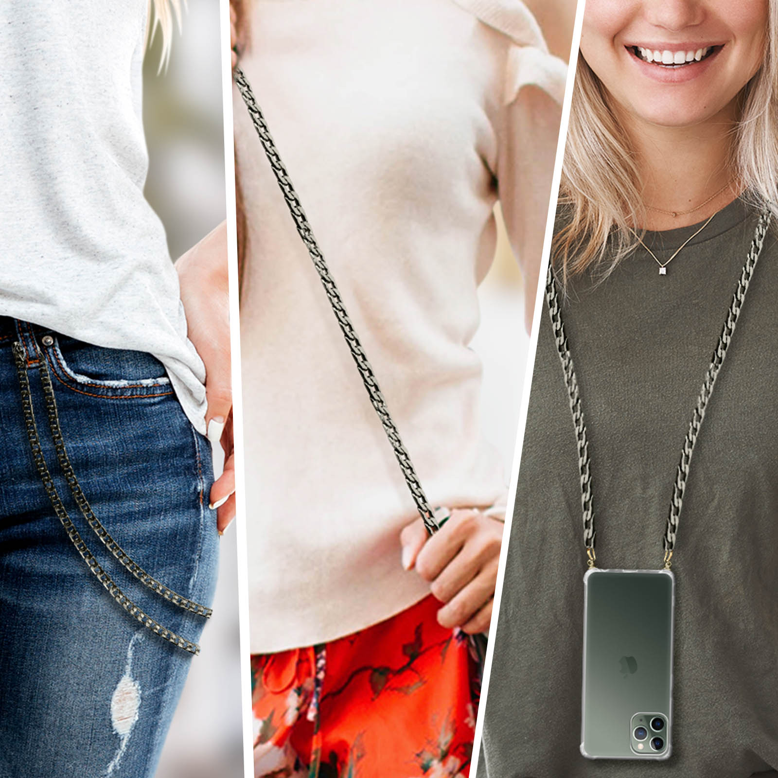 Collage di tre donne con cordini a catena per telefono e jeans.