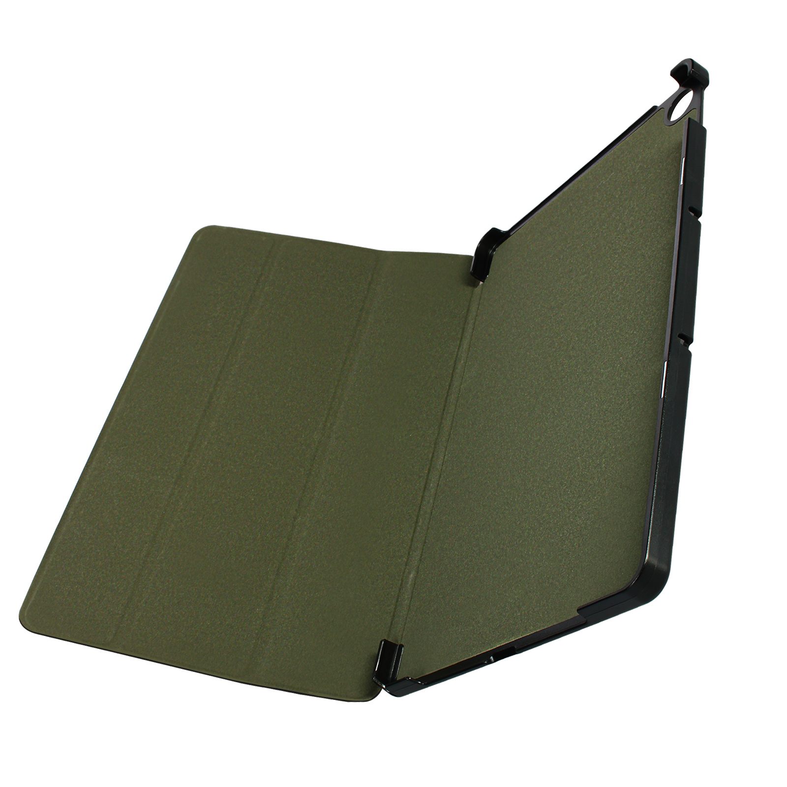 Custodia per tablet verde oliva, aperta, su bianco. La custodia ha una copertura e un retro con un supporto.