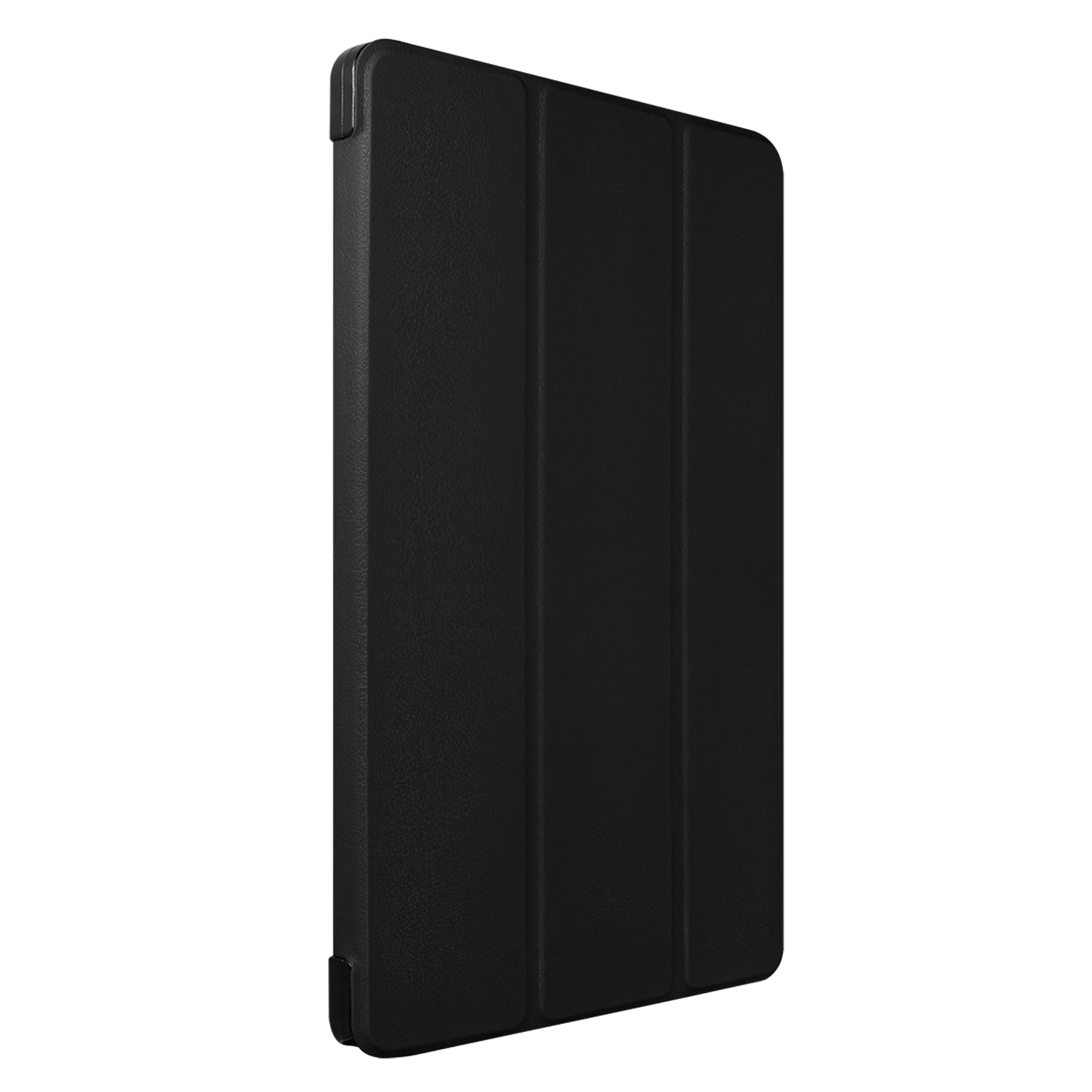 Una custodia nera per tablet. La custodia è chiusa e ha una superficie strutturata.
