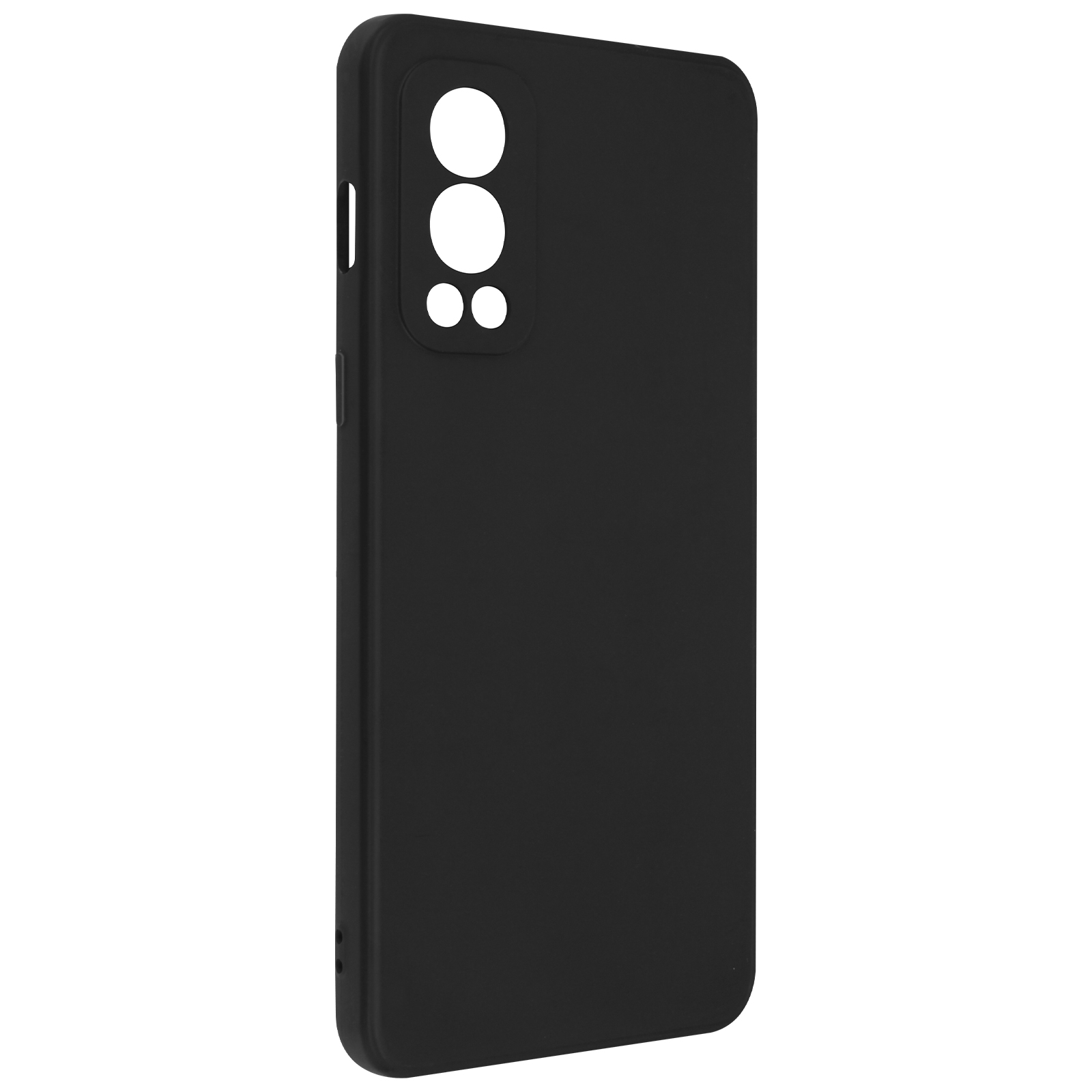 Custodia per telefono nera con ritagli per la fotocamera. La custodia ha più ritagli per la fotocamera.