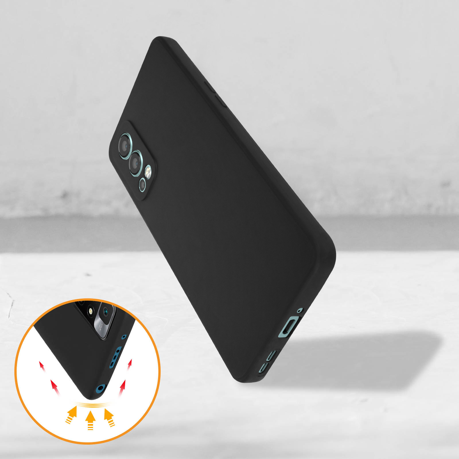 Custodia per telefono nera su una superficie bianca, con la fotocamera del telefono visibile e un diagramma che mostra le zone di impatto.