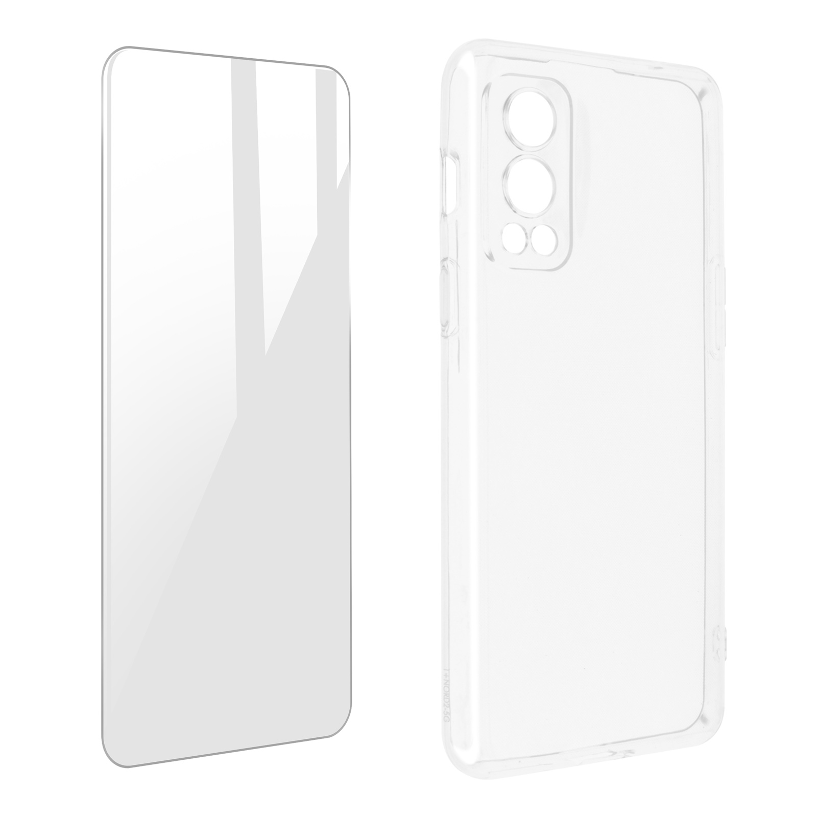 Due accessori trasparenti per telefono: una protezione schermo e una custodia. Entrambi trasparenti, su sfondo bianco.