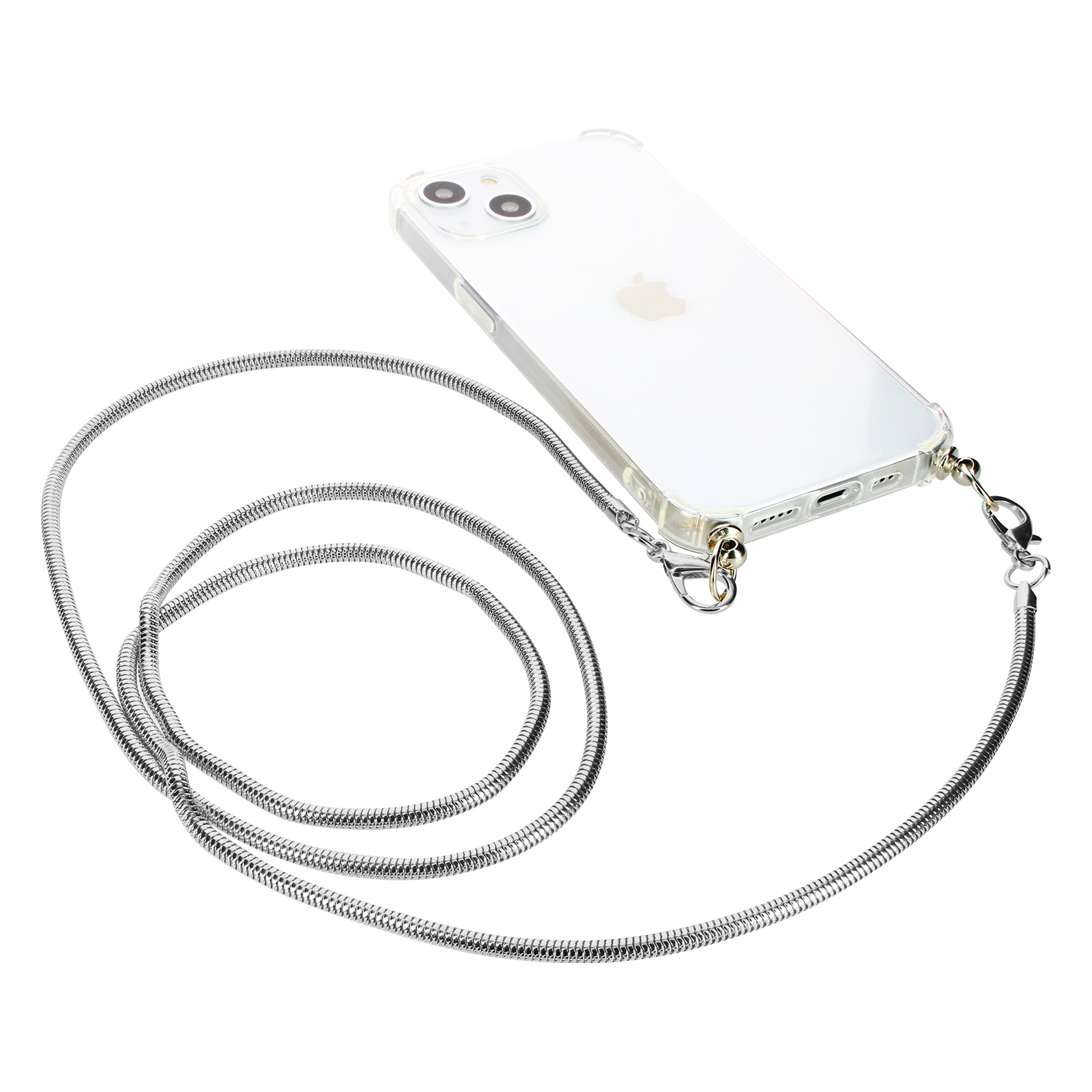 Una cover trasparente per telefono con un cordino a catena di serpente argentato in basso.