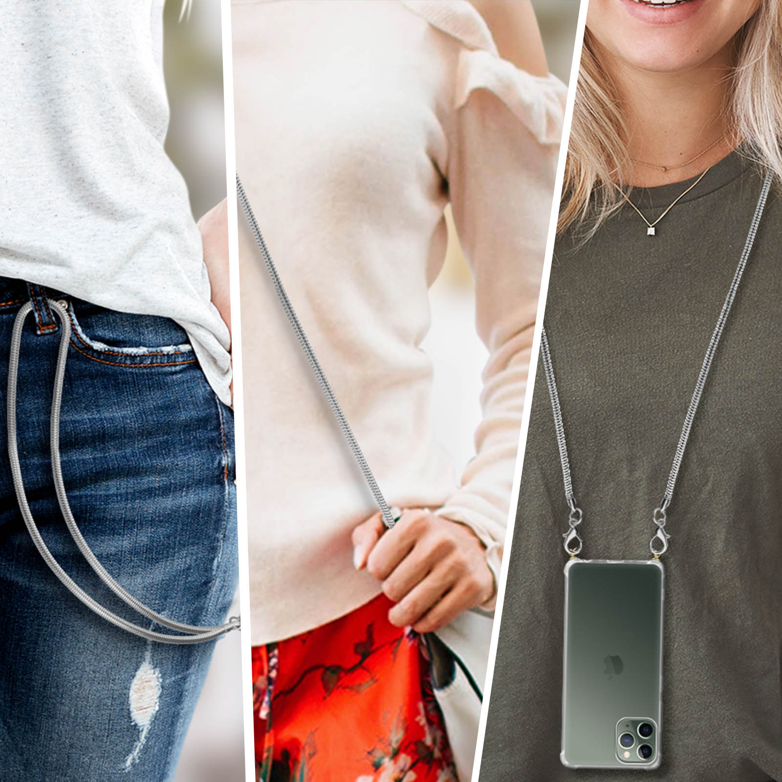Tre donne con collane per telefono. Jeans, maglioni e un iPhone.