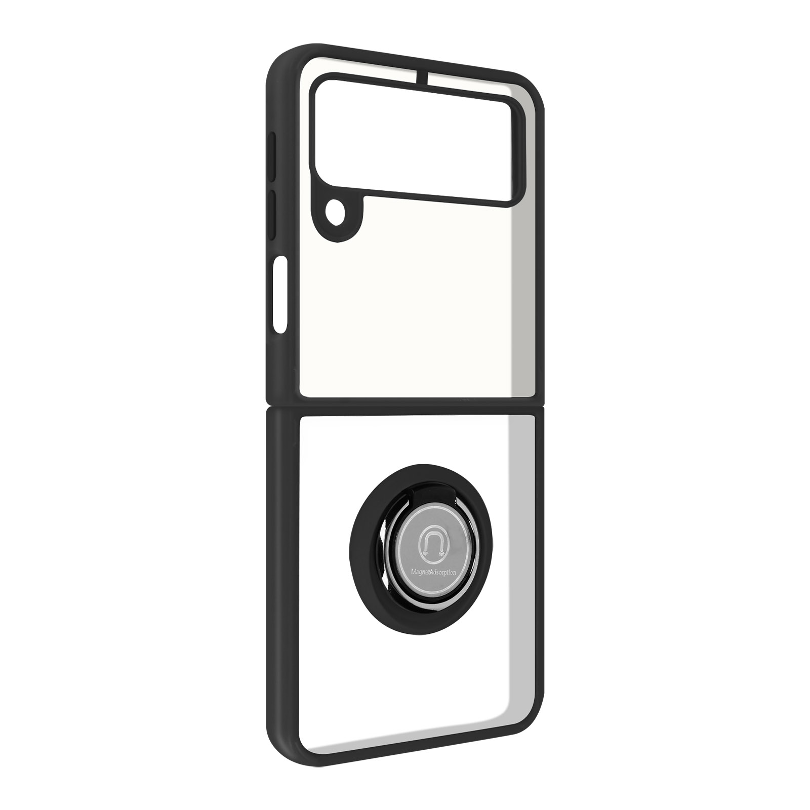 Custodia nera per telefono. La custodia è pieghevole, con un anello di supporto.