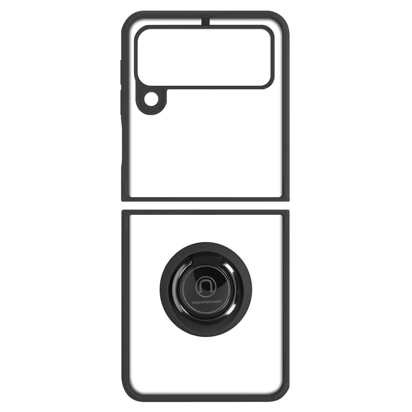 Una custodia per telefono nera in due pezzi per un telefono pieghevole, aperta, con un cerchio di attacco magnetico visibile.