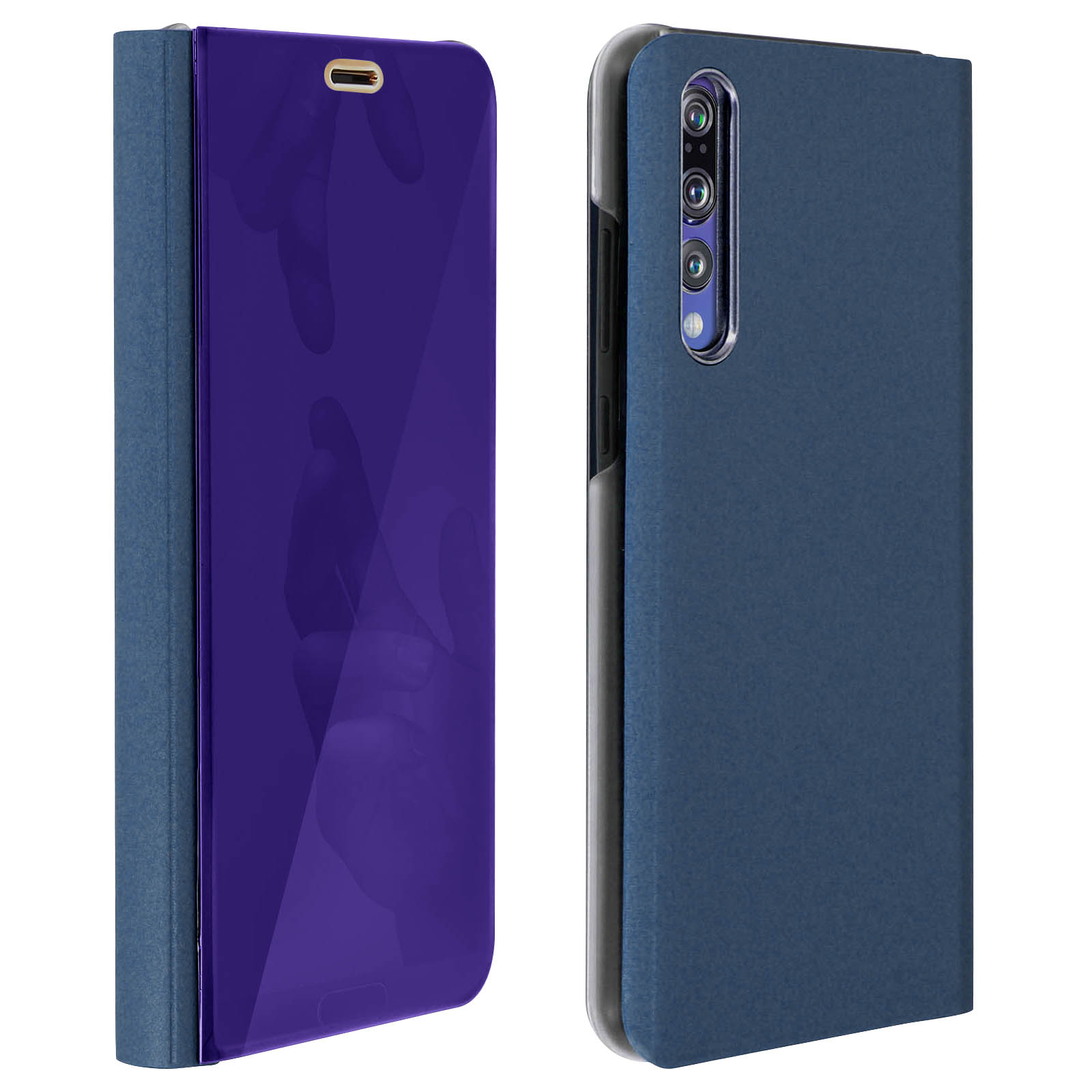 Custodia blu con schermo viola e foro fotocamera.