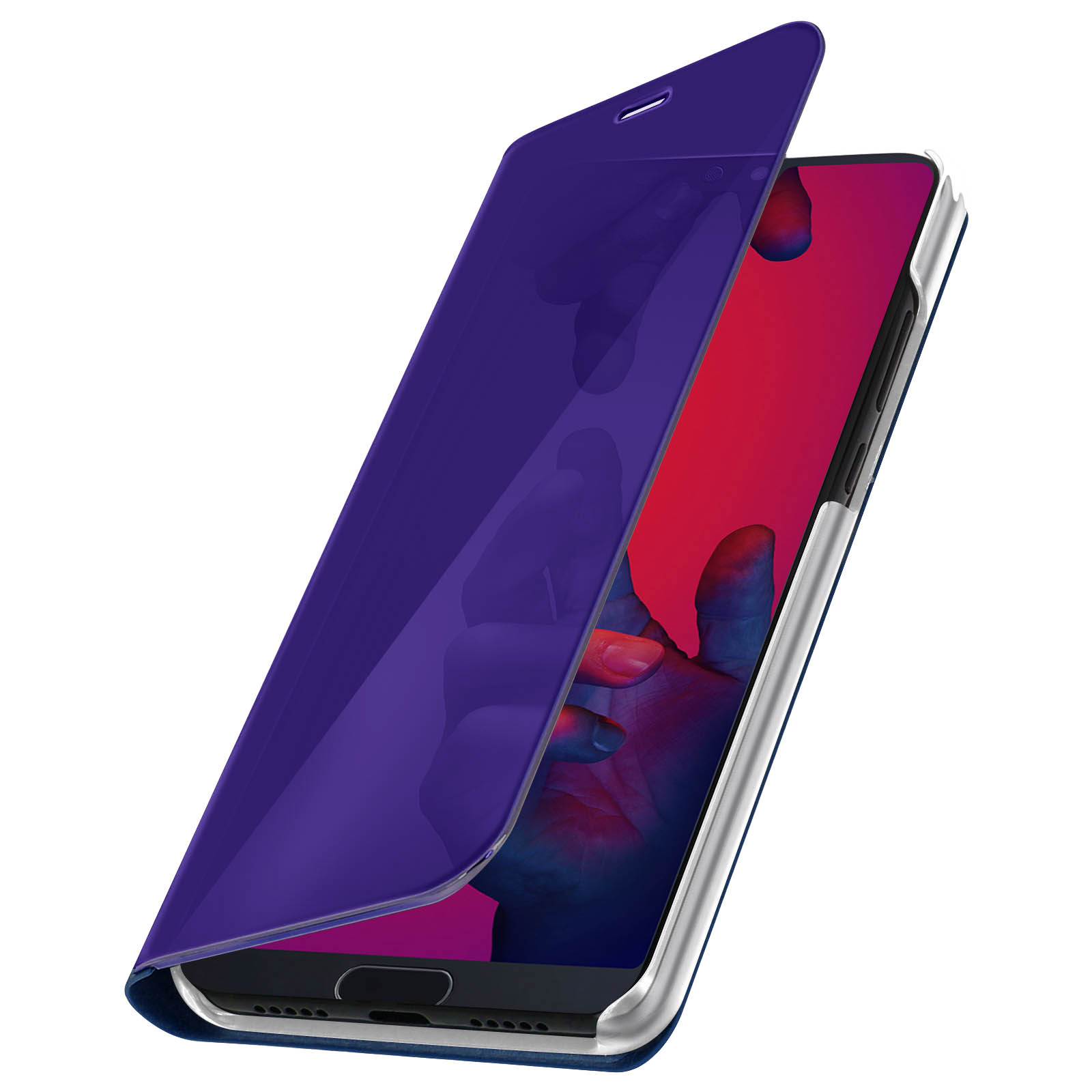 Una custodia a flip viola. La custodia è aperta, rivelando lo schermo del telefono.