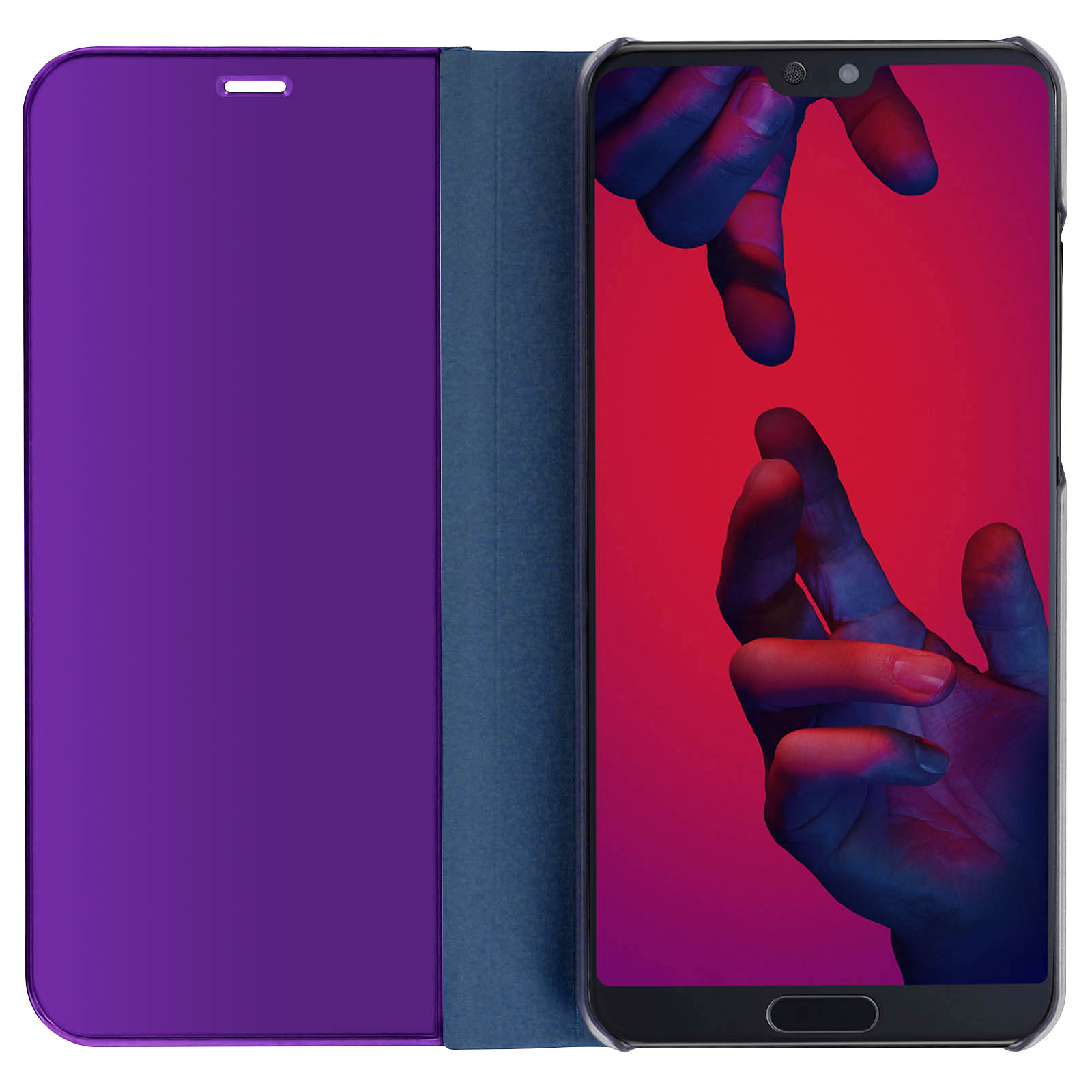 Custodia viola per telefono. Schermo con mani che si toccano. Sfondo rosso e viola.