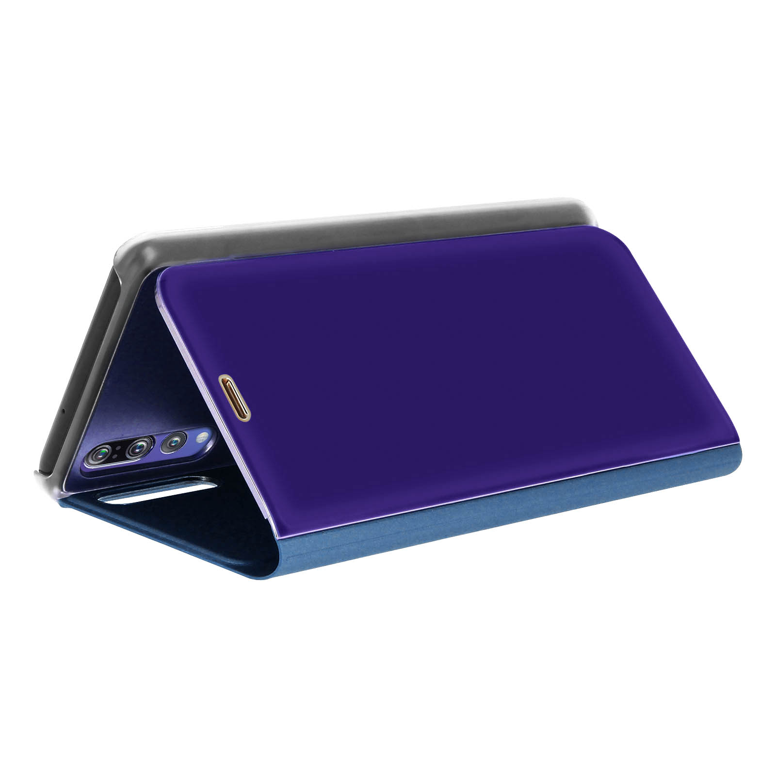Un telefono in una custodia blu, ripiegato per essere un supporto. Lo schermo è spento.