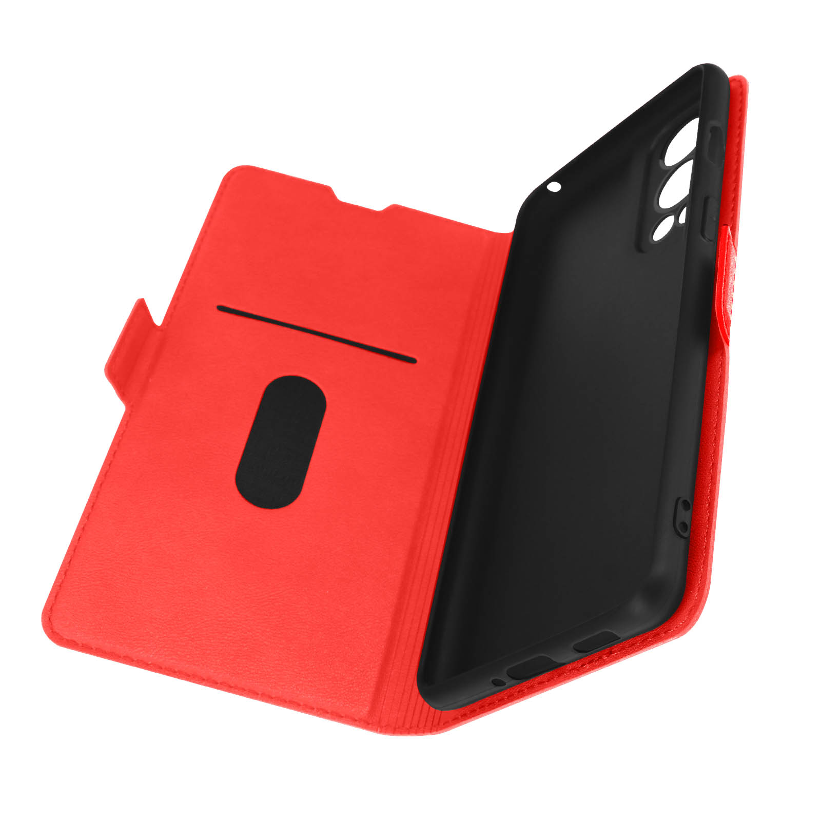Custodia rossa per telefono aperta con interno nero. Presenta uno slot per schede e una linea nera sulla cover.