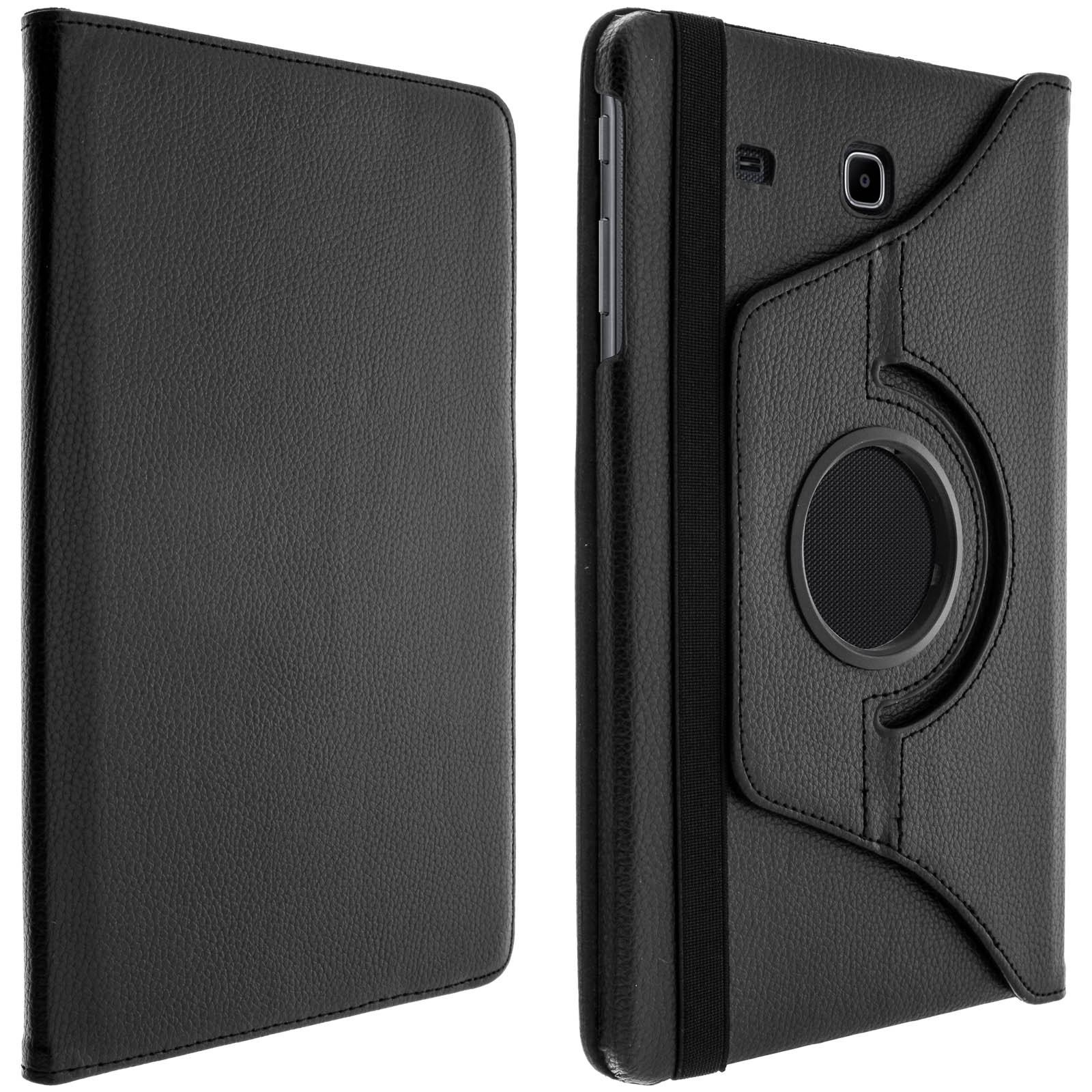 Custodia nera per tablet, aperta per rivelare il retro di un tablet. La custodia è in pelle.