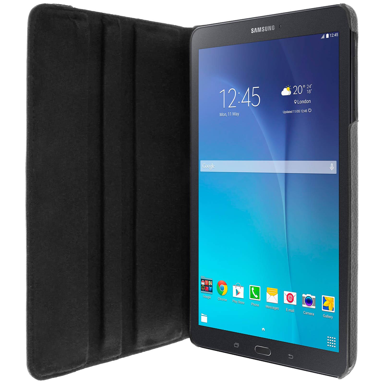 Tablet in una custodia nera, che mostra uno schermo con l'ora e le informazioni meteo di Londra.
