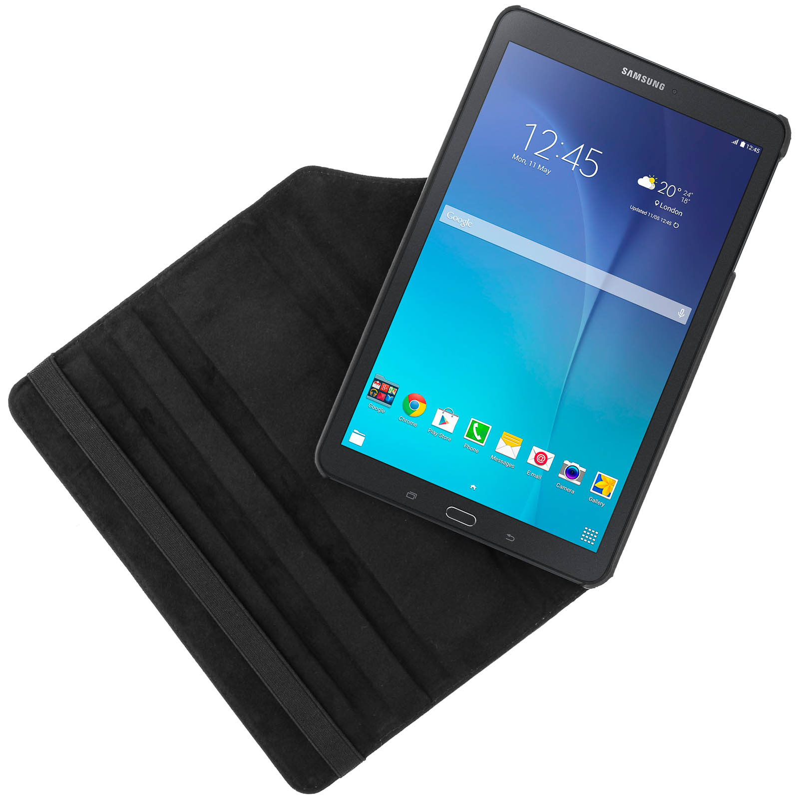 Tablet nero in una custodia nera. Visualizza informazioni sull'ora e sul meteo. Sfondo bianco.