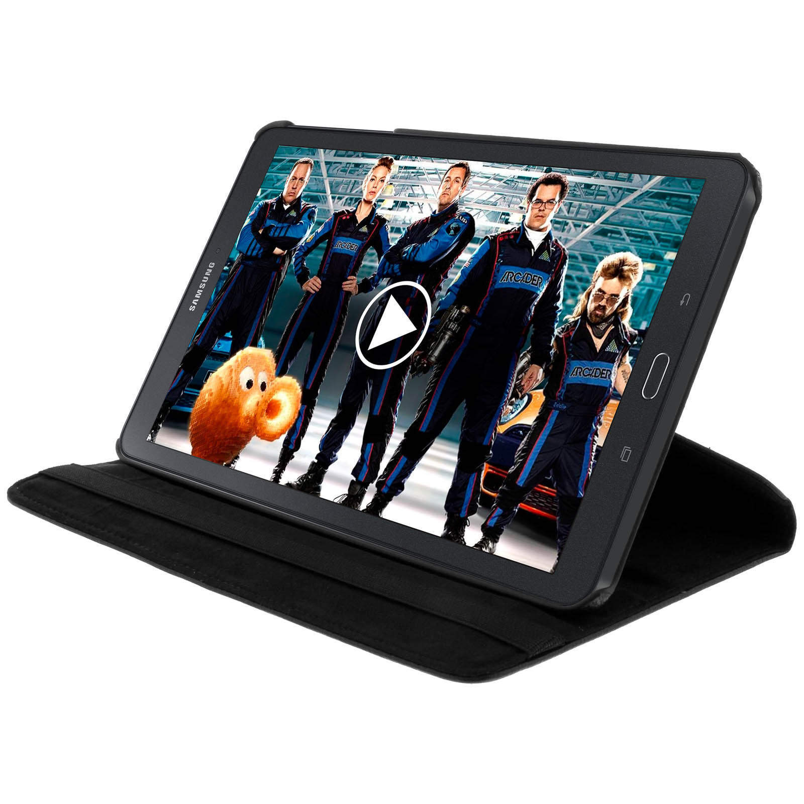 Tablet che riproduce un film con attori. Una custodia nera contiene il tablet, con un cartone animato.