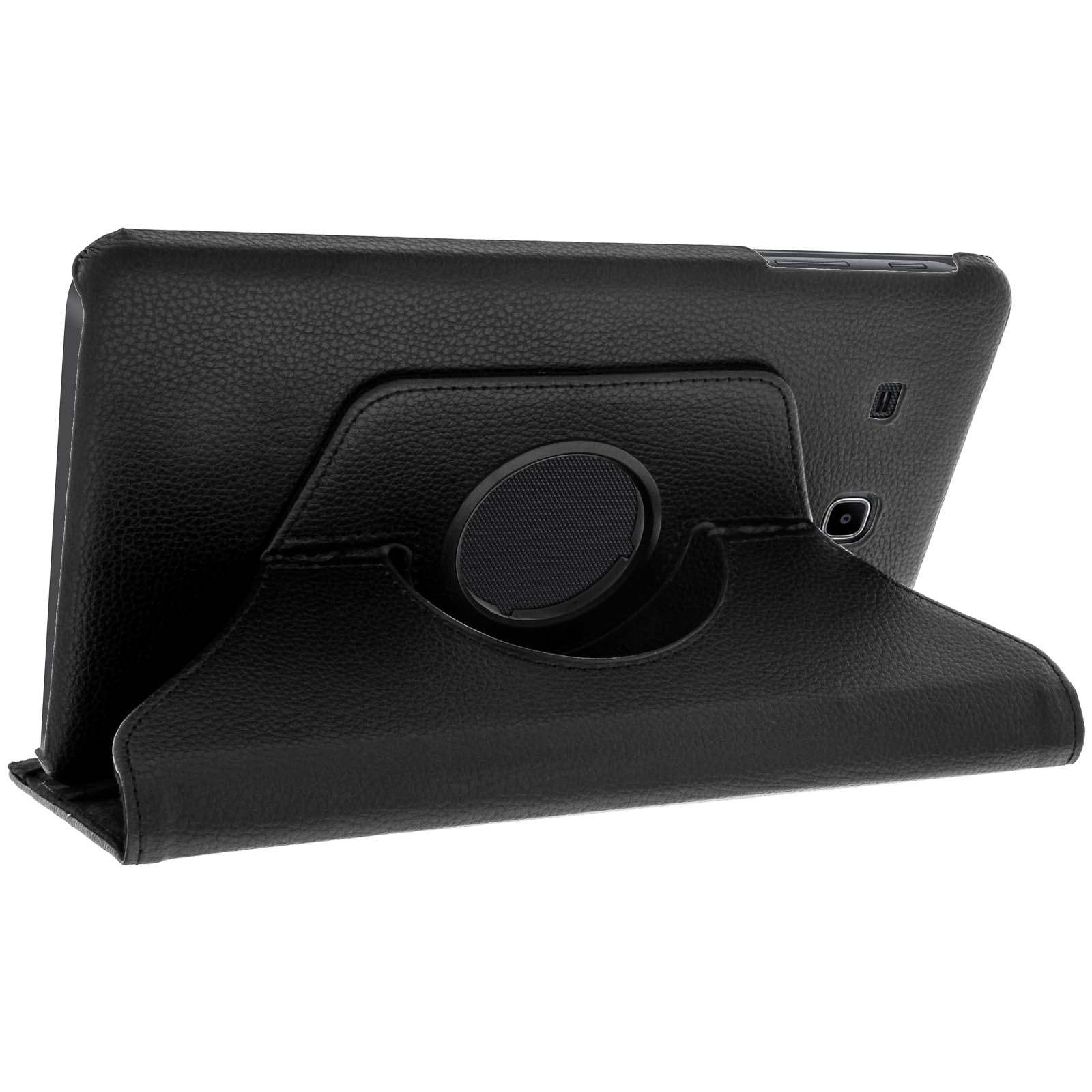 Tablet in una custodia nera con un supporto. Il tablet è su una superficie bianca.