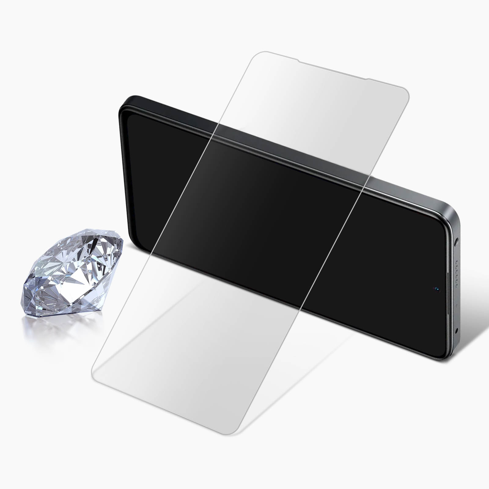 Telefoon met schermbeschermer en diamant. Transparante schermbeschermer. Witte achtergrond.