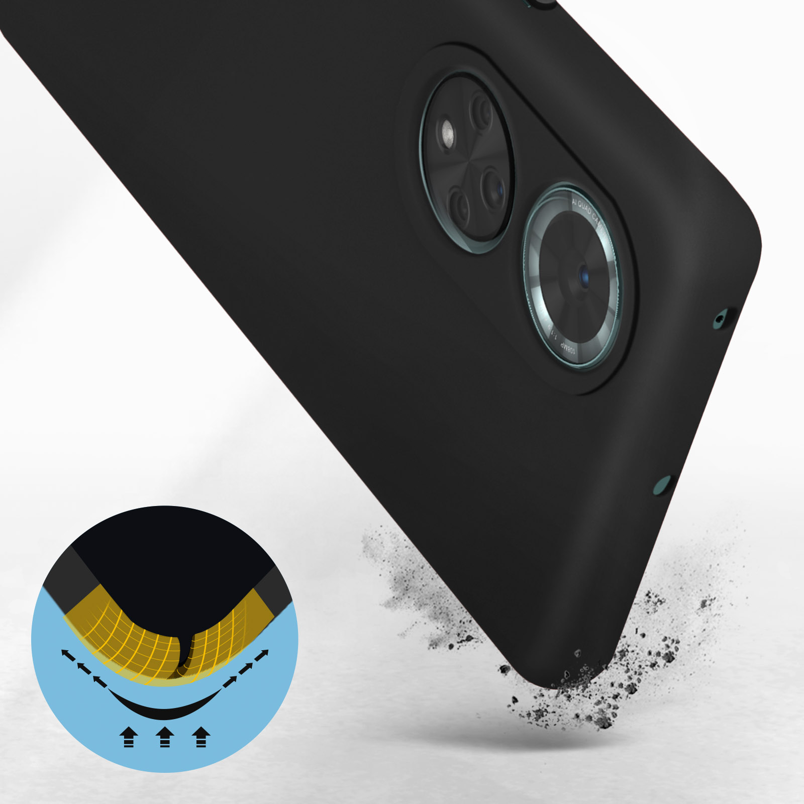 Primo piano di telefono nero, con illustrazione della protezione dagli impatti. Sfondo bianco.