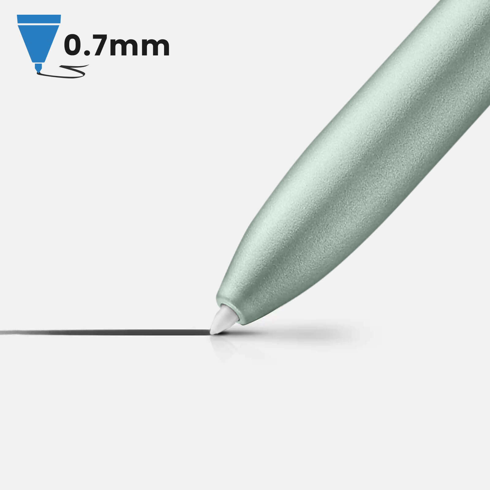 Stylus-Stift schreibt eine Linie auf weißes Papier. Text: '0,7 mm' und kleines Icon.