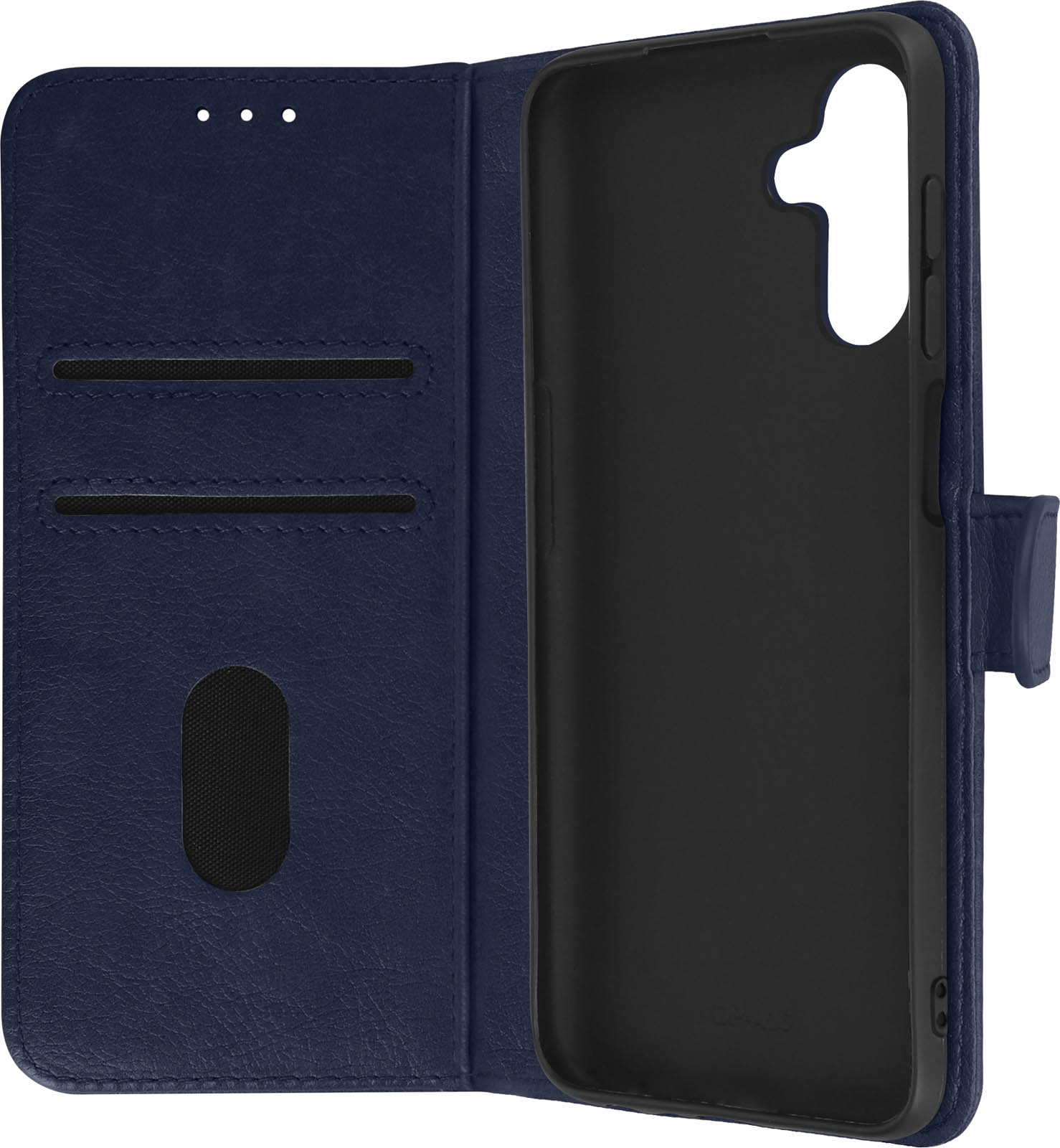 Coque de téléphone bleue ouverte. Intérieur noir, montrant un support de téléphone.