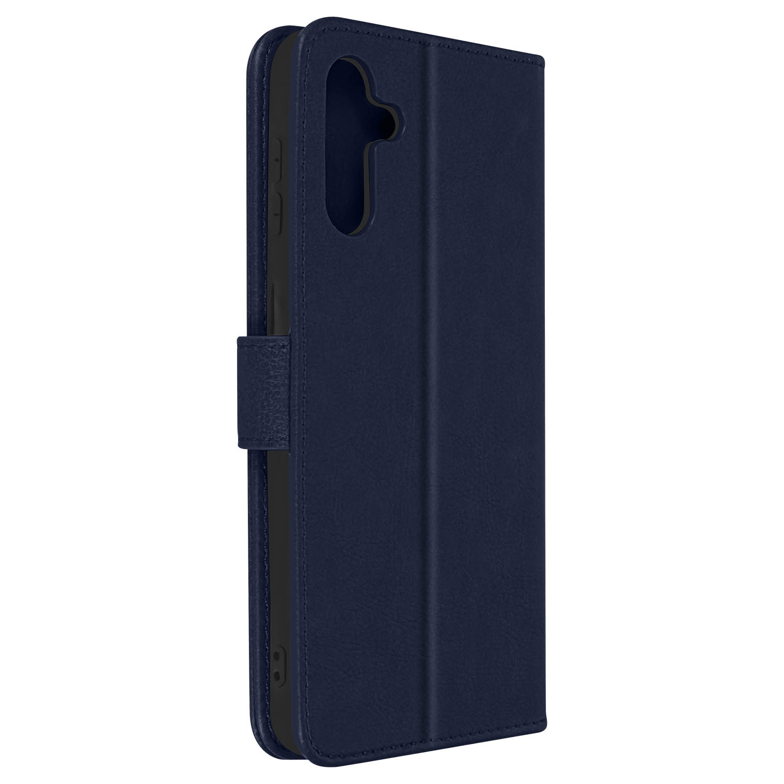 Coque de téléphone bleue avec une partie d'un téléphone visible. Vue latérale.