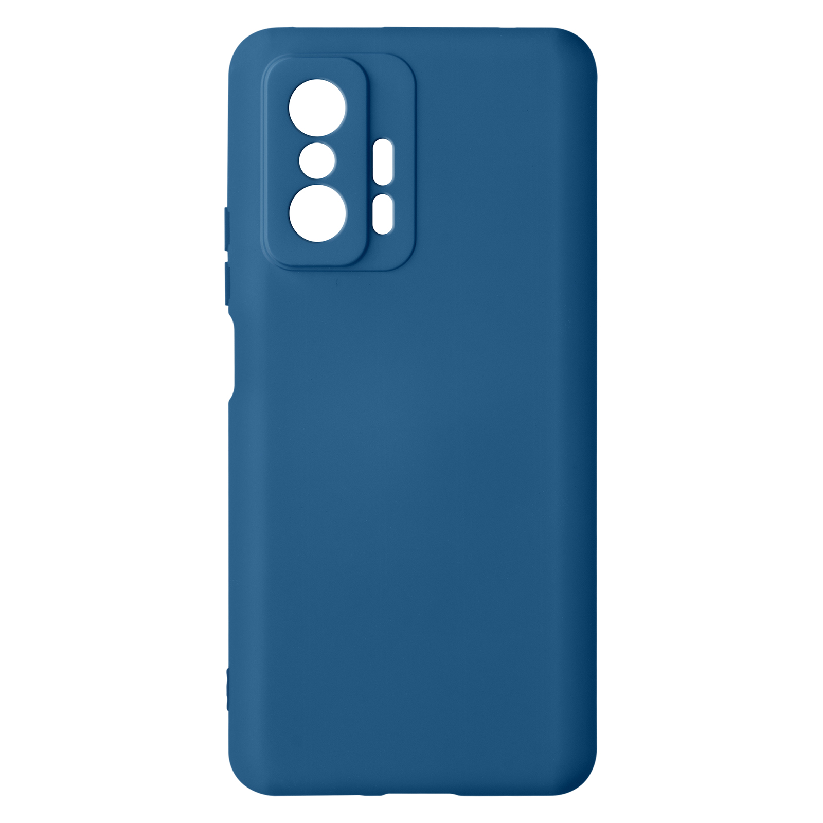 Una custodia blu per telefono con ritagli per la fotocamera e il flash.