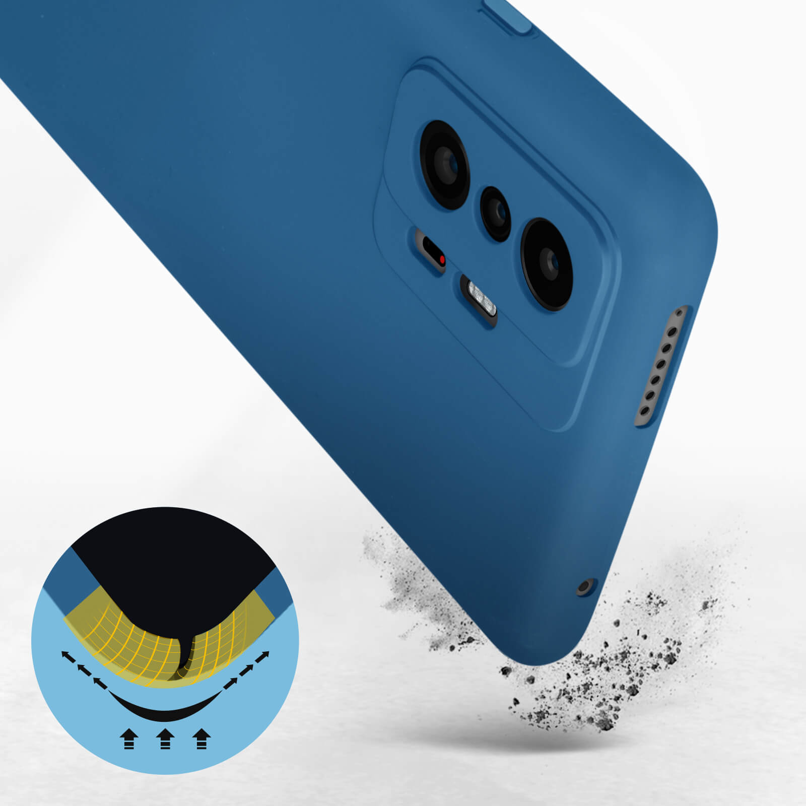 Dettaglio di custodia blu per telefono. Frecce che mostrano protezione. Sfondo bianco e nero.