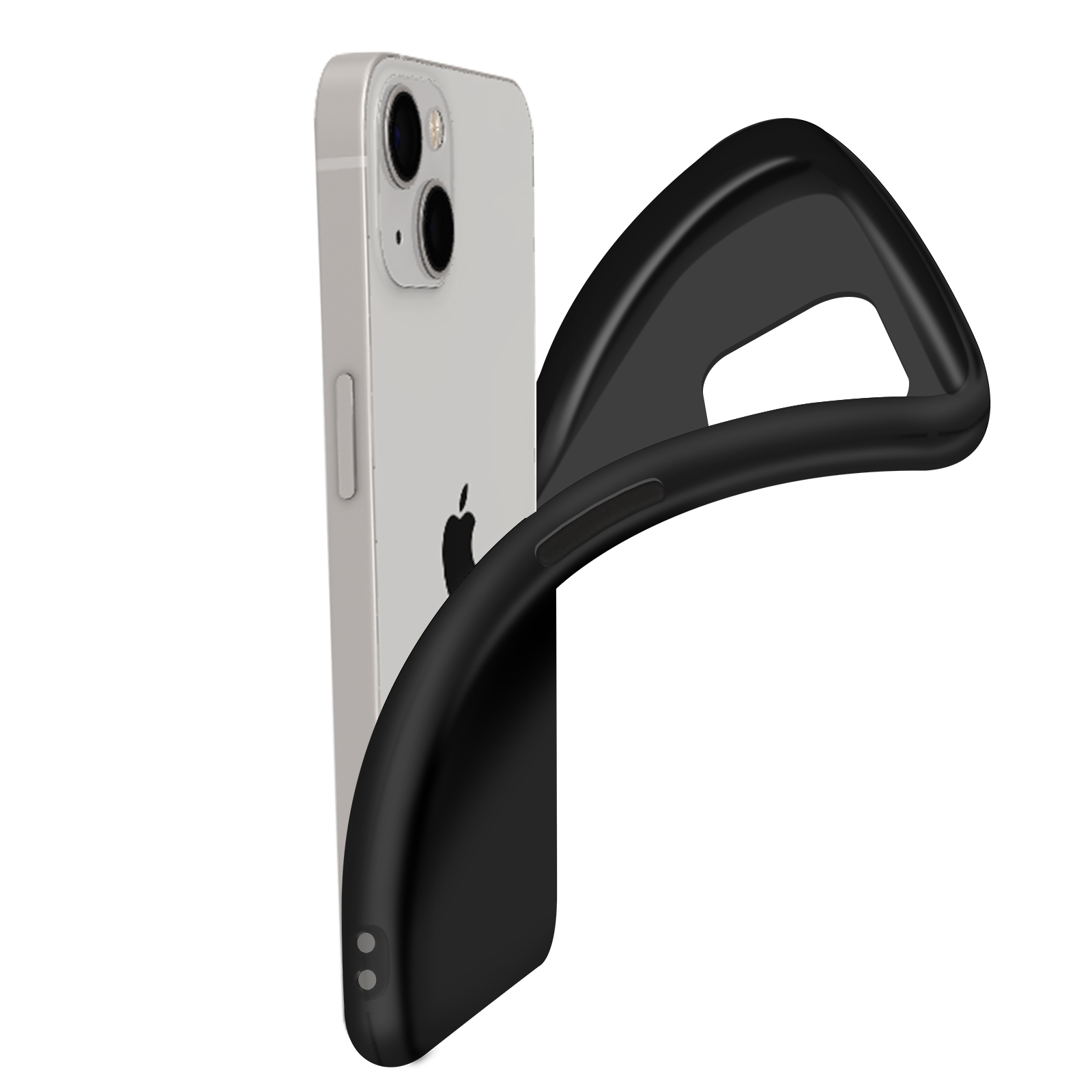 Una custodia nera viene posizionata su un iPhone bianco.
