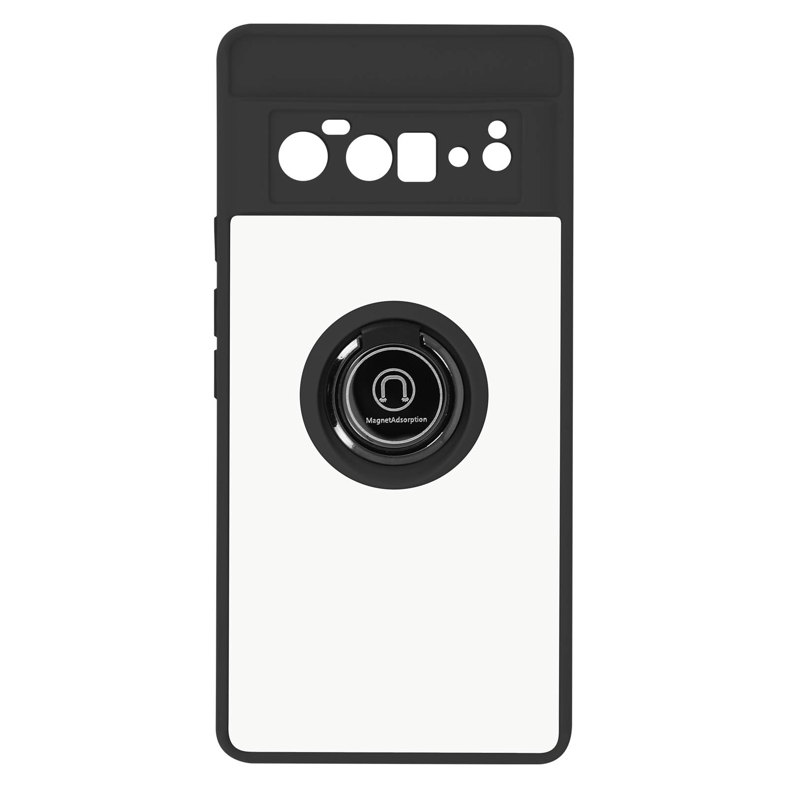 Wit en zwarte telefoonhoes met een ringhouder in het midden. De woorden MagnetAdsorption op de ring.