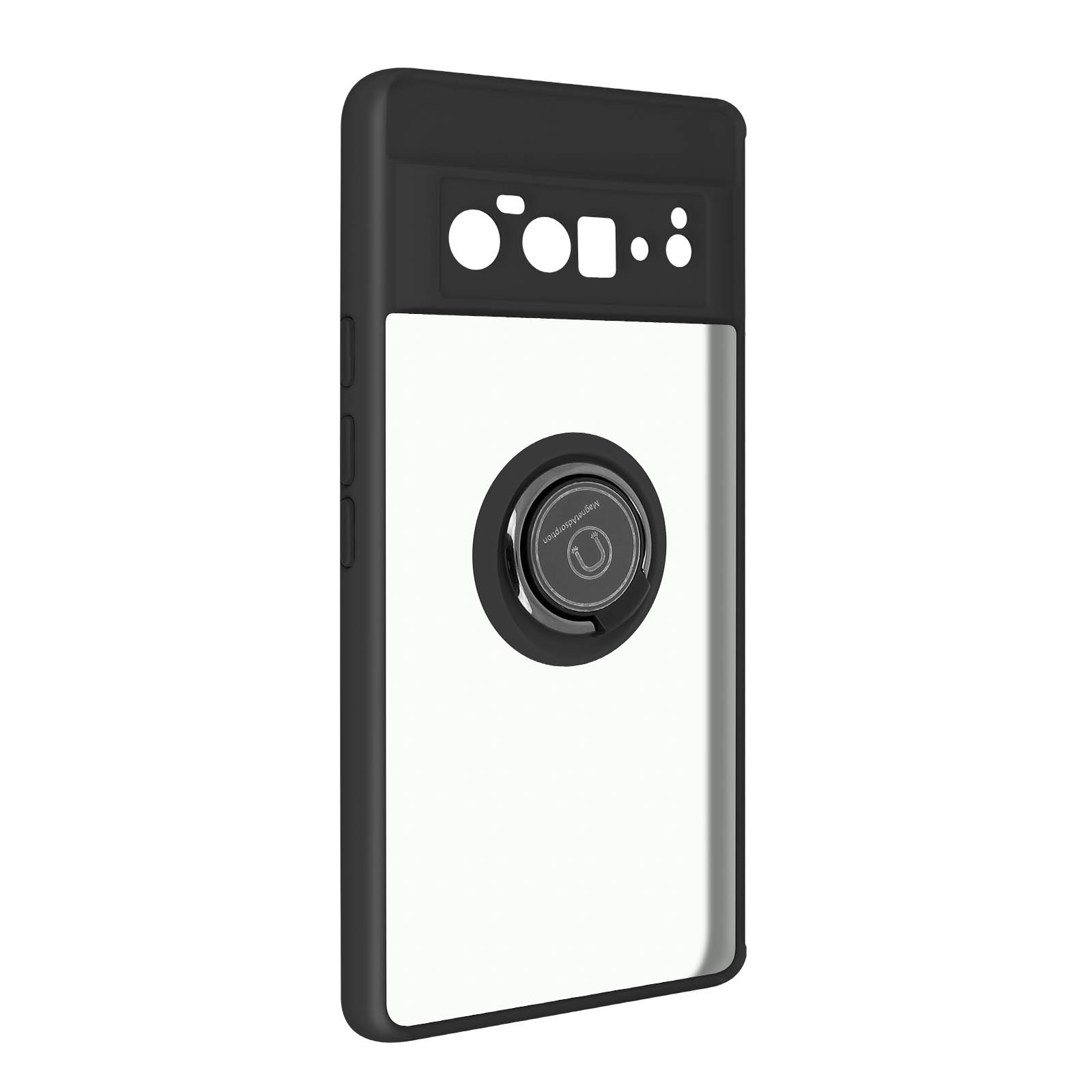 Zwart-witte telefoonhoes met een ringhouder. De telefoon is niet inbegrepen.
