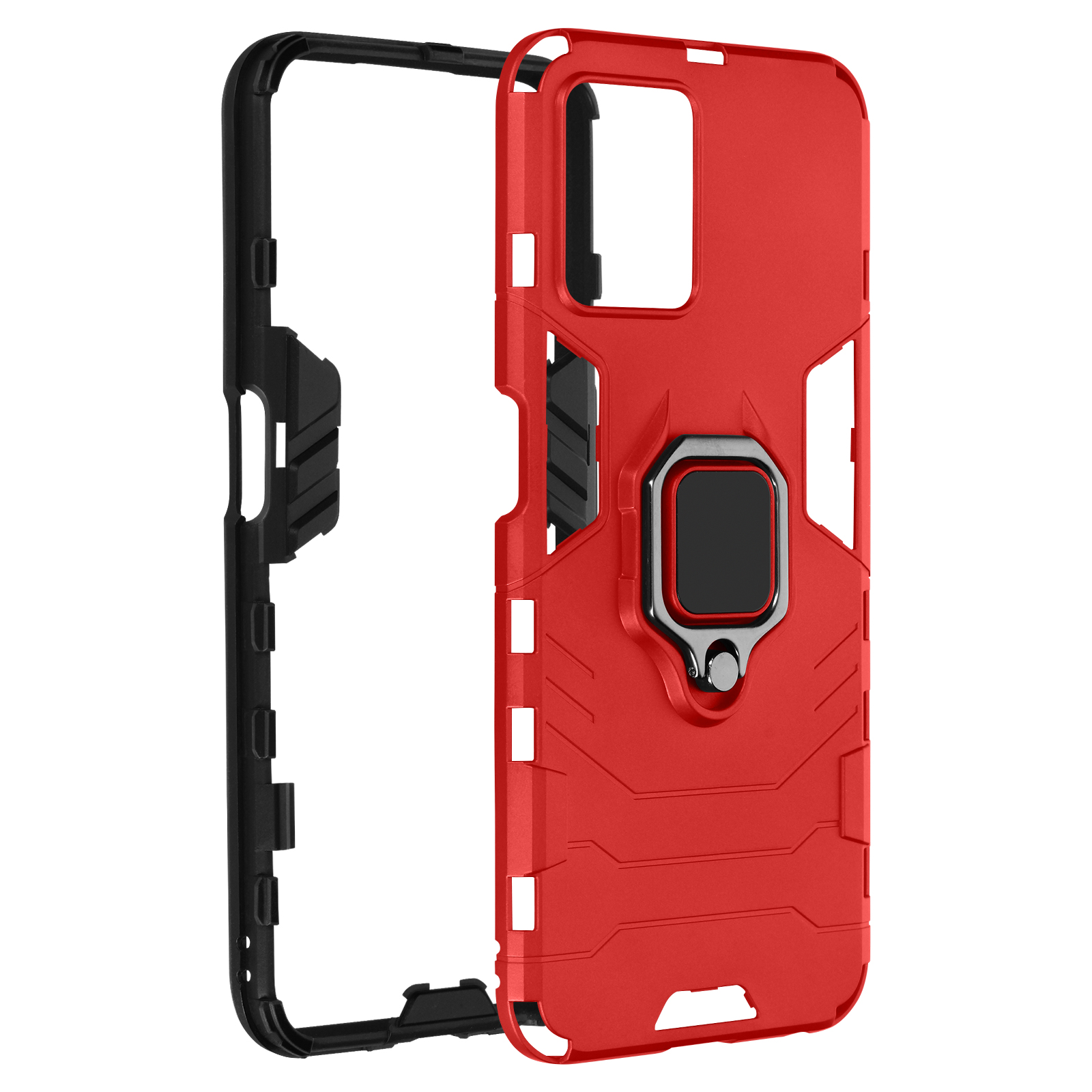 Custodia per telefono rossa e nera con anello.