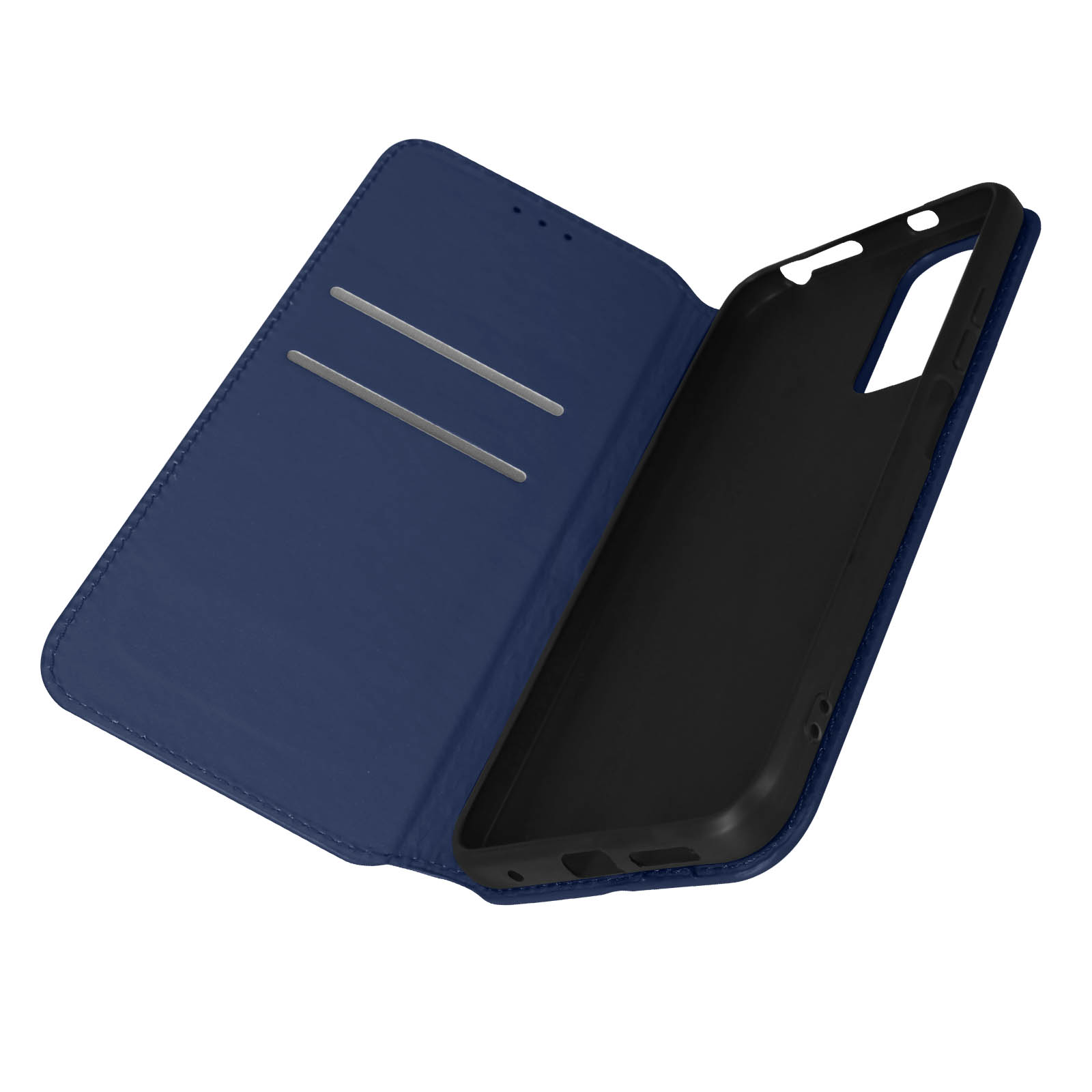 Étui de téléphone bleu, ouvert, révélant l'intérieur noir et les fentes pour cartes. Sur une surface blanche.