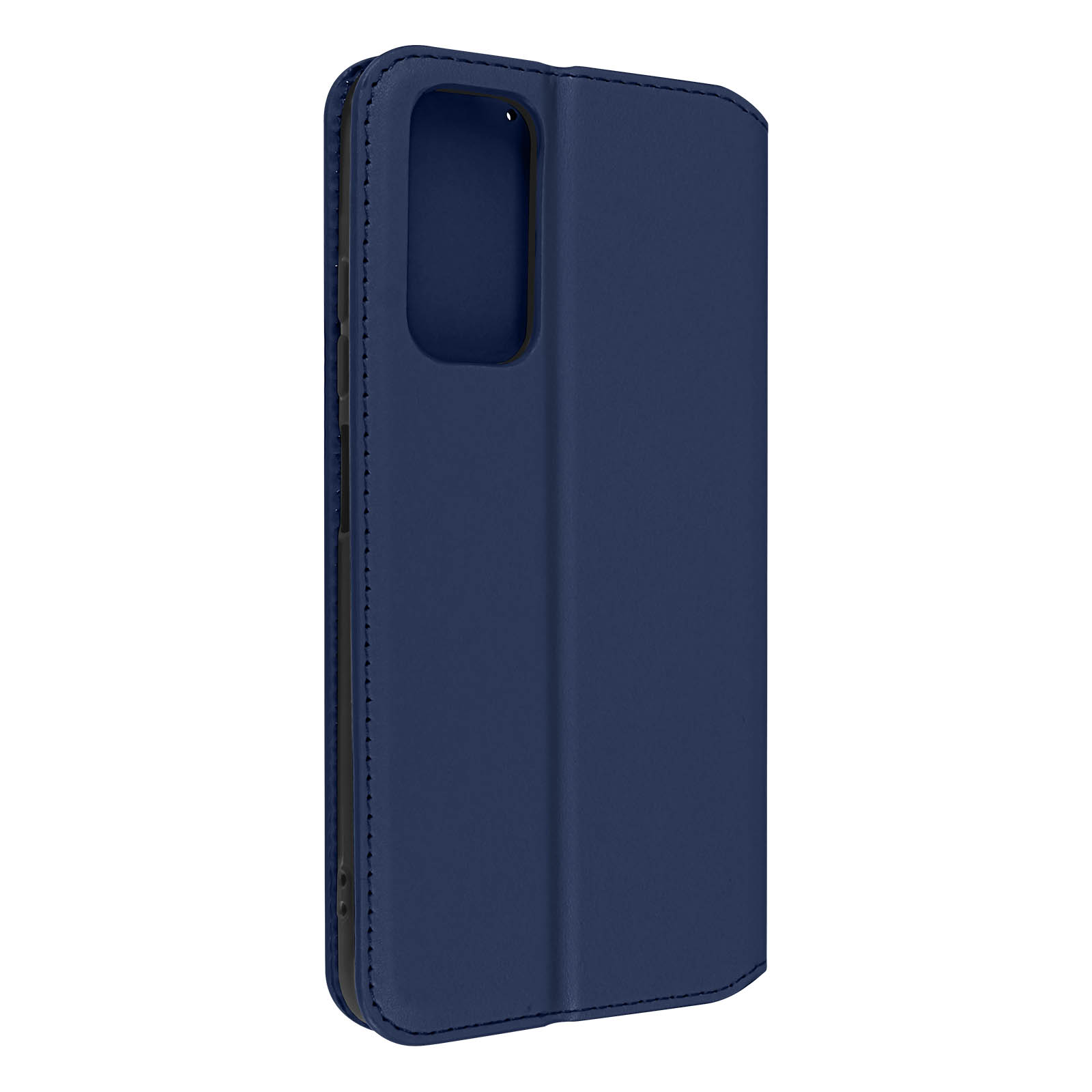 Étui de téléphone bleu foncé fermé. L'étui est uni. Le dos est visible.
