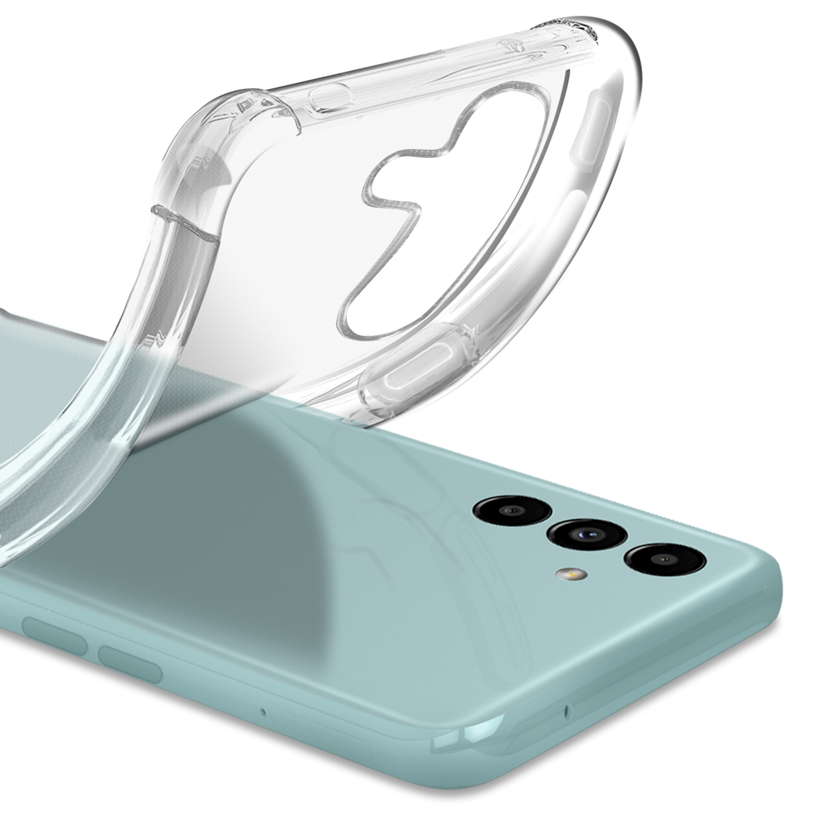 Una custodia trasparente per telefono su un telefono azzurro. Le lenti della fotocamera sono visibili.