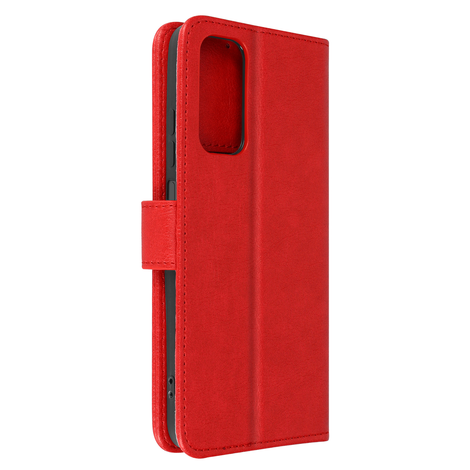 Custodia per telefono rossa, chiusa, in posizione verticale. Le cuciture sono visibili.