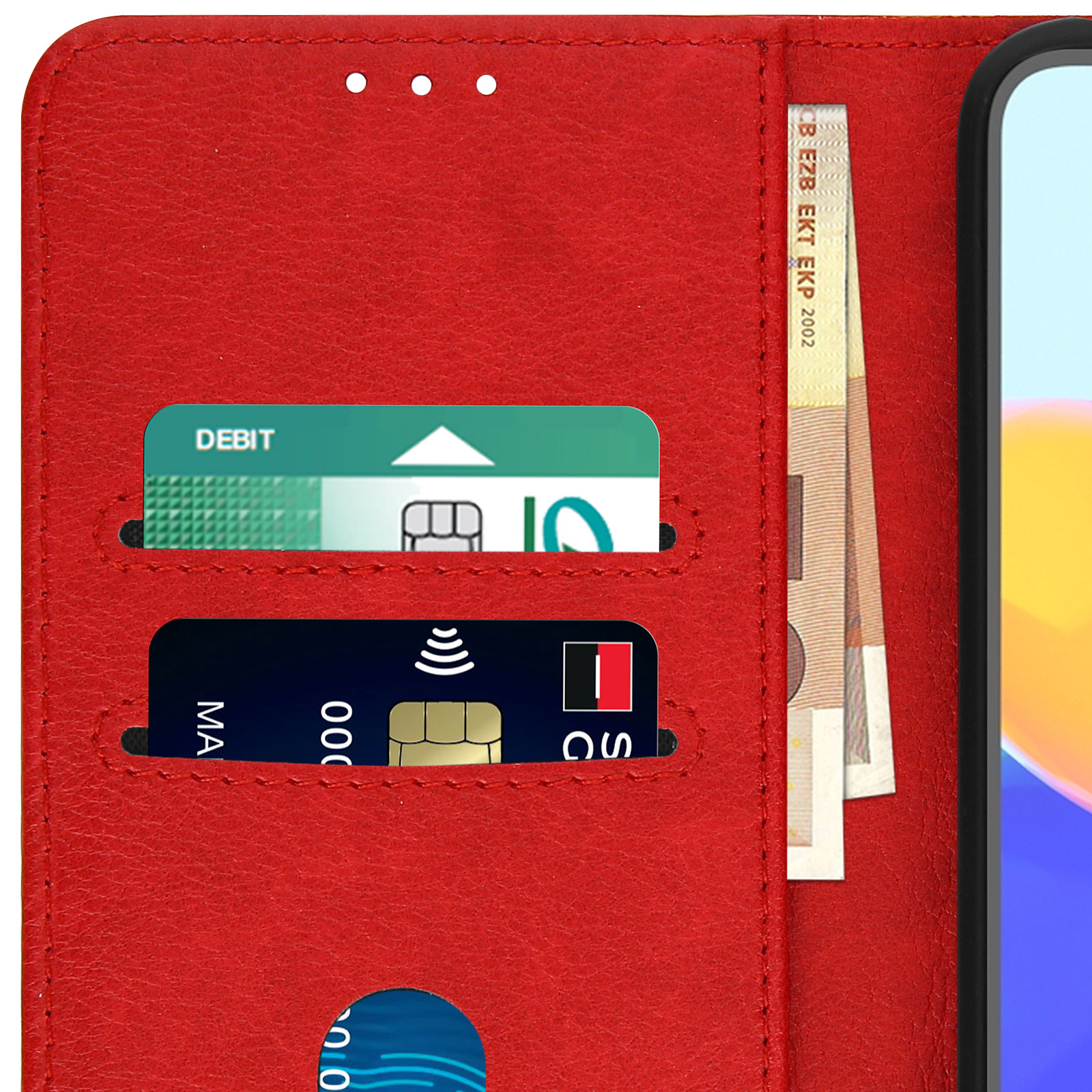 Custodia rossa per telefono con carte di debito e di credito e denaro all'interno. Tre fori in alto.