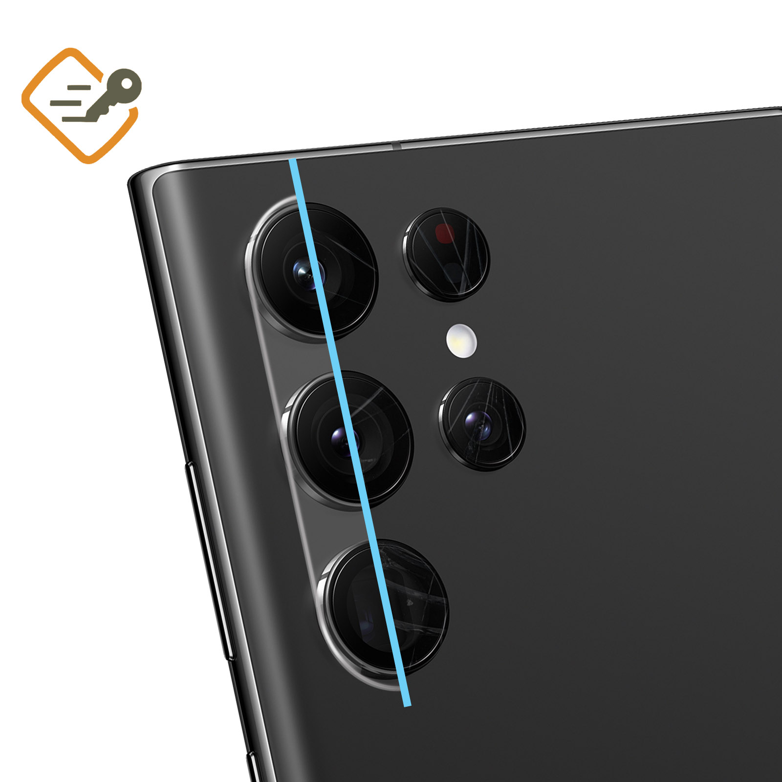 Un telefono nero con un rilievo della fotocamera. Una linea blu mostra dove finisce lo schermo.